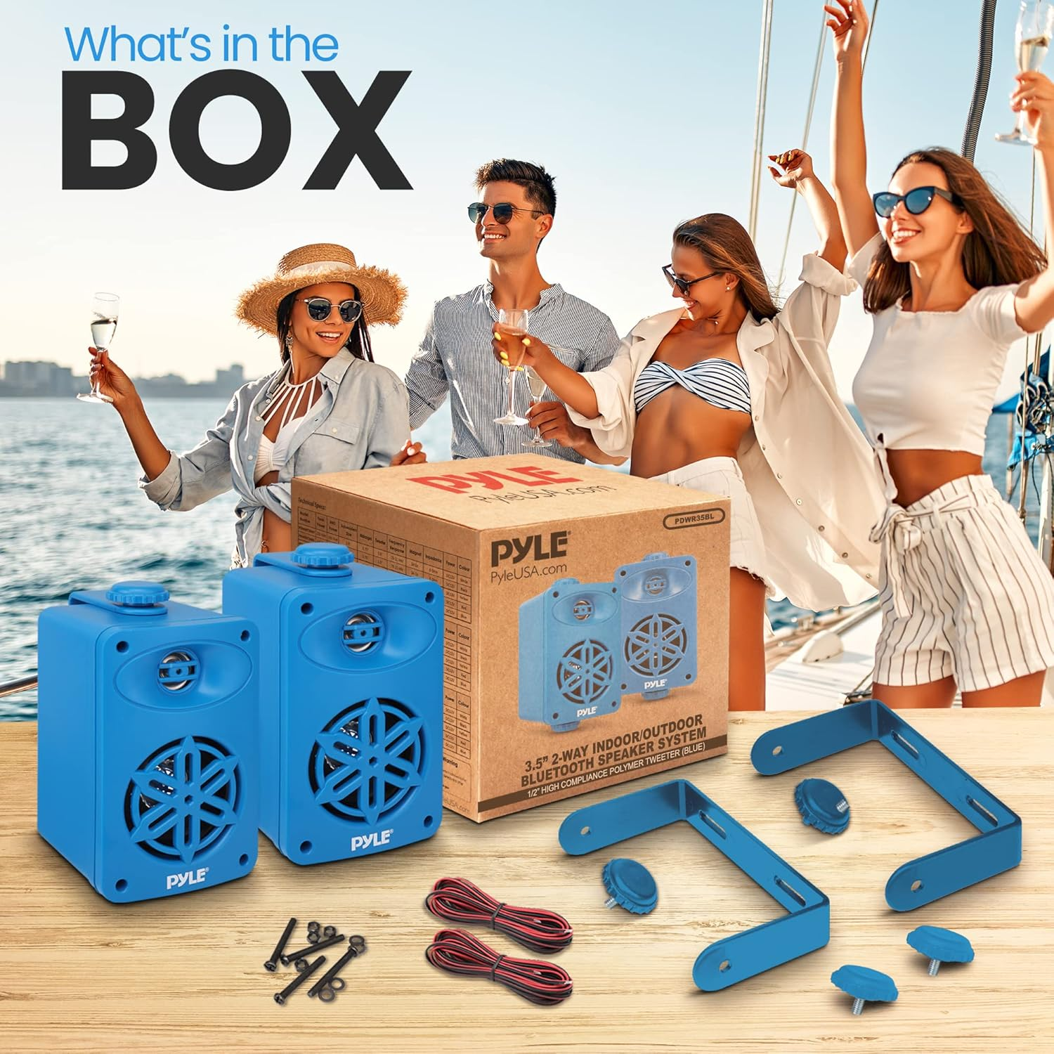Pyleusa Indoor Outdoor Speakers Pair - 200 Watt Dual Waterproof 3.5&rdquo; 2-Way Full Range System W/ 1/2&rdquo; High Compliance Polymer Tweeter - In-Home, Boat, Marine, Deck, Patio, Poolside (Blue) - PDWR35BL image number 1