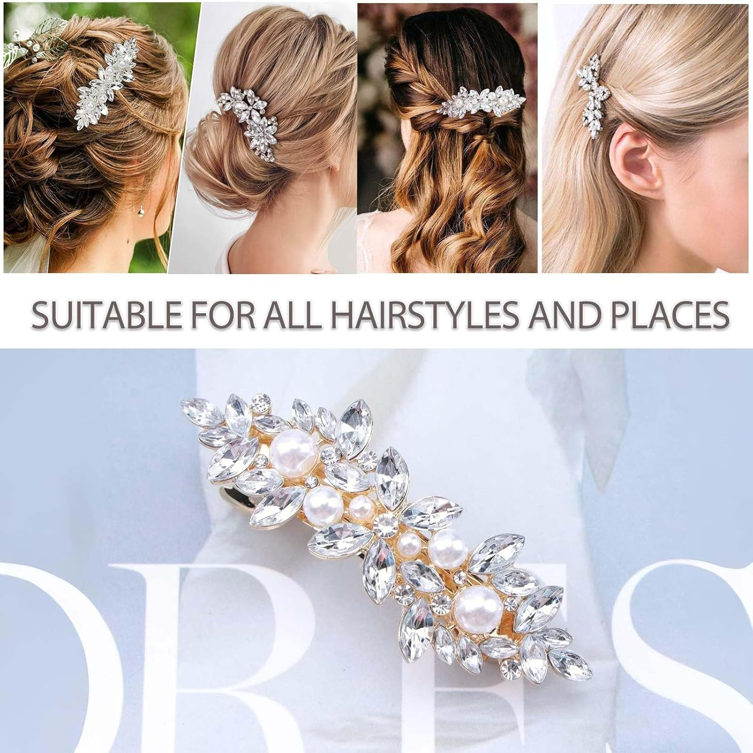 YUBBYSTU 3 Pcs Rhinestone Hair Clips, Pearl Hair Clip Flower Hair Barrettes Leaf Bridal Pins Crystal Decorative Headwear Accessories with Spring Clips for Women Girls Bridesmaid image number 5