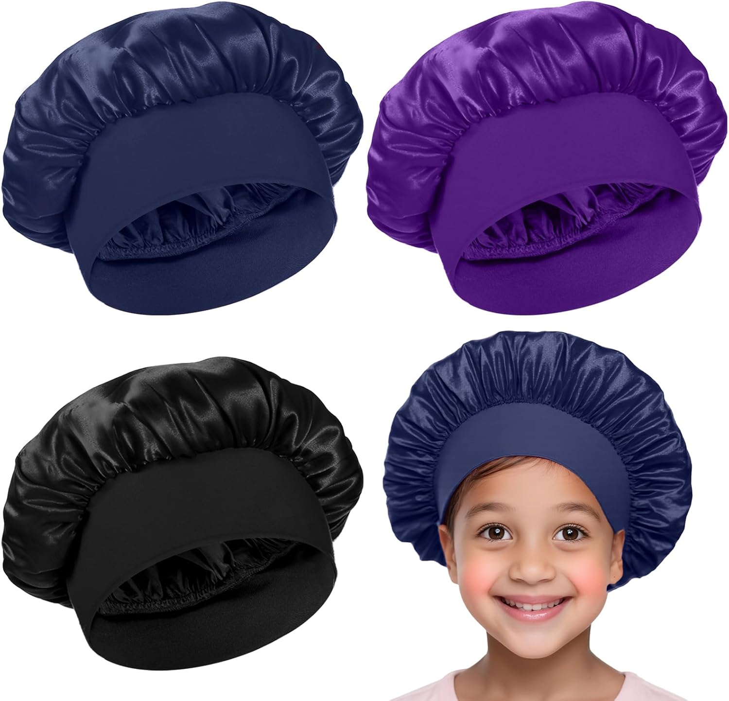 LXUEJEI 3 Pcs Bonnet for Kids, Kids Bonnets for Girls, Satin Silk Hair Bonnet for Sleeping, Soft Wide Band Sleep Cap for Curly Hair Braids Shower Caps for Teens Child Toddler(Blue, Purple, Black)