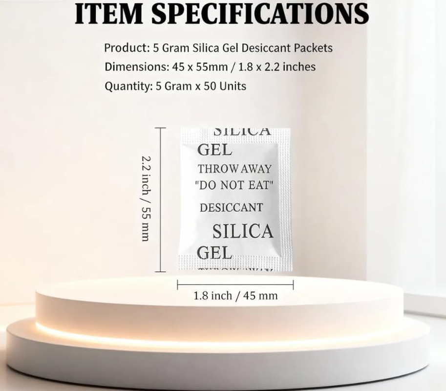 5G 50PCS Silica Gel Packets Silica Gel Desiccants for Storage,Reusable Moisture Absorbers Desiccant Packs, Rechargeable Desiccant Dehumidifiers Bags for Electronics, Clothes, Shoes, Jewelry, Spices, Tools image number 4