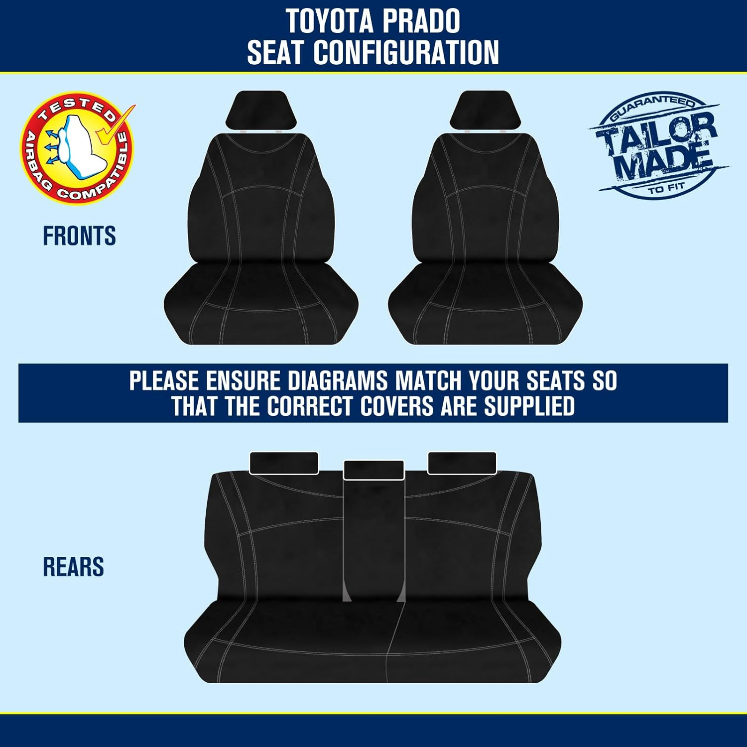 For Toyota Prado 150S 2009-2021 Neoprene Black Front & Rear Seat Covers image number 3