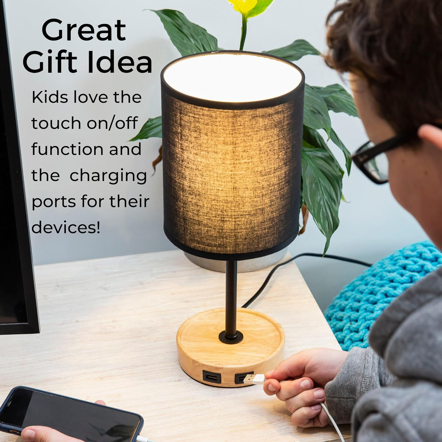 Bedside Lamp with 2 USB Ports and Touch Control. Modern Table Lamp, Desk Light. Wood Base and Fabric Shade for Living Room, Home Office, Bedroom, Hallway, Study and Kids Rooms (Black) image number 4