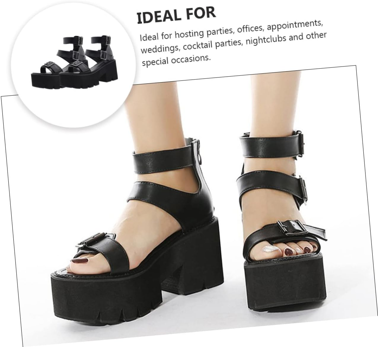 Healeved Women&rsquo;S Black Thick Sole Platform Sandals, Summer Chunky Heel Roman Style Footwear, Size 37, Cut-Out Design for Nightclub and Casual Wear image number 4