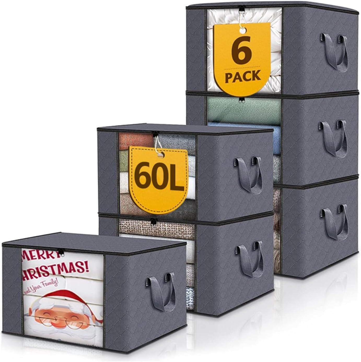 Evangrinzia 6 Pack Clothes Storage, Foldable Thick Fabric Blanket Storage Bags, Containers for Organizing Bedroom, Closet, Clothing, Comforter,Closet Organization with Handle (Grey,60L) image number 1