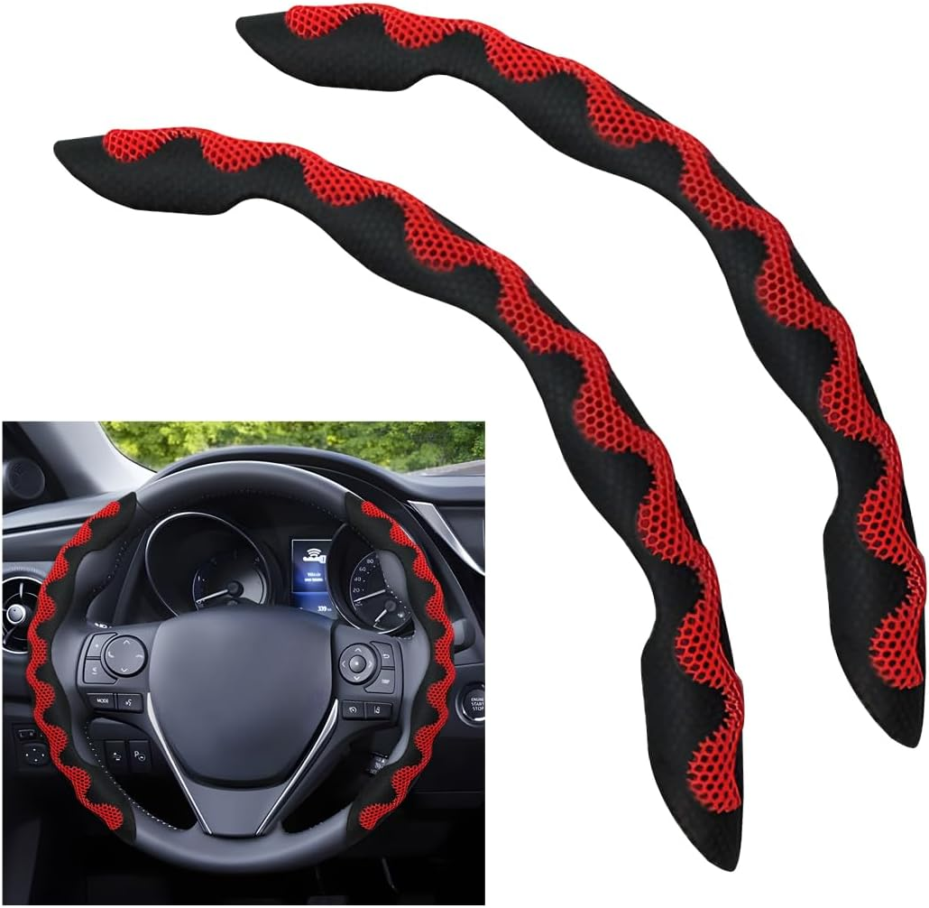 Sandfren Car Steering Wheel Cover, 2PCS Anti-Slip Segmented Snap-On Vehicle Steering Wheel Protector, Comfortable Automotive Interior Decoration Accessories, Universal for Sedan Truck SUV (Red) - Blue image number 3