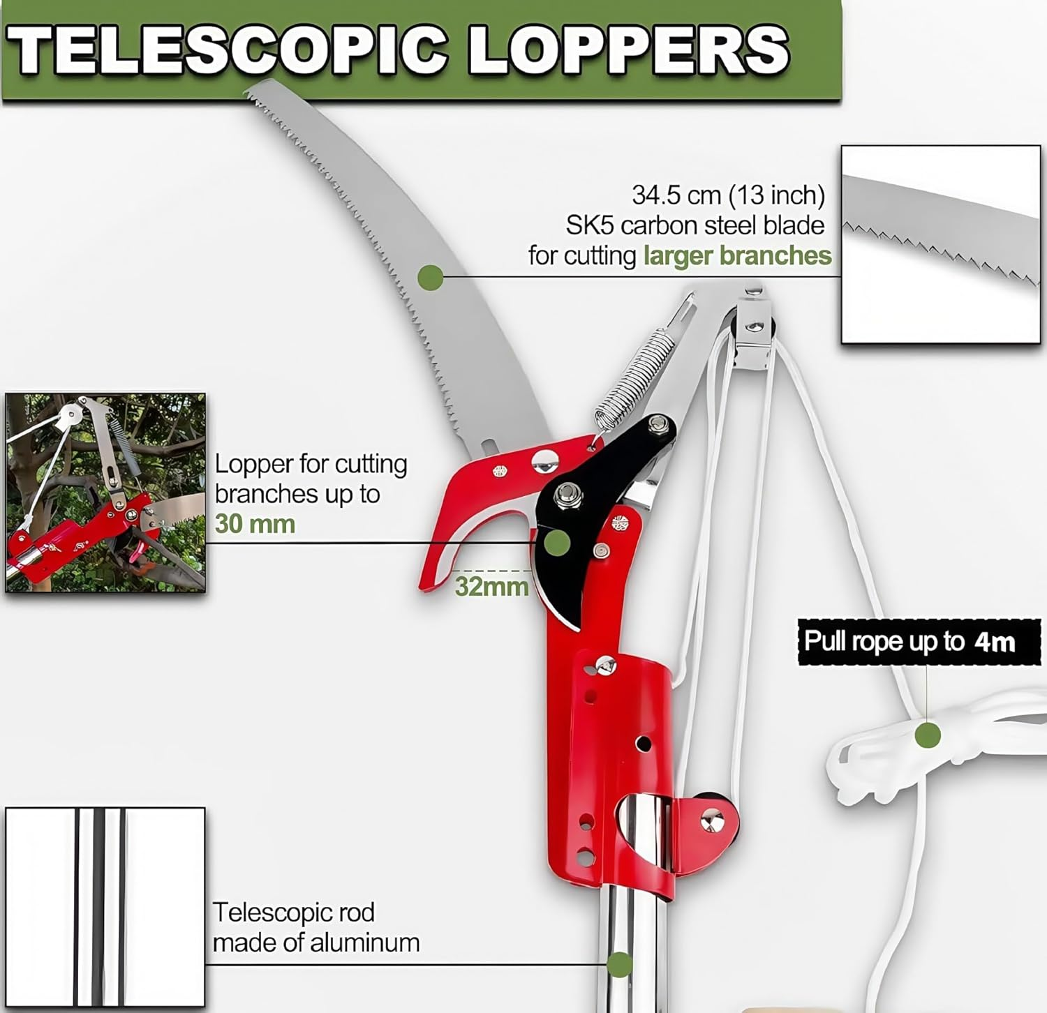 Pole Saws for Tree Trimming, 3.3M Manual Pole Saw with Sharp Steel Blade, Extendable Tree Pruner for Pruning High Branches, Lightweight Tree Saw with Pole in Yard Garden for Palms image number 6