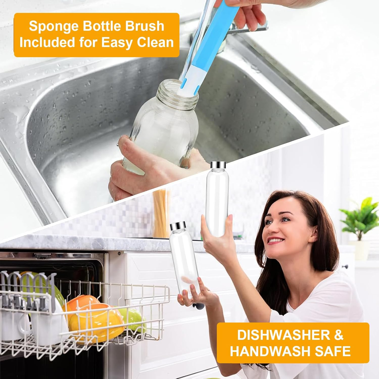 Acesvuit Glass Juice Bottles with Lids, 16Oz Glass Water Bottles, Juice Bottles for Juicing, Smoothies, Infused Water, Beverage Storage,With Stainless Steel Airtight Cap for Refrigerator (6Pcs)