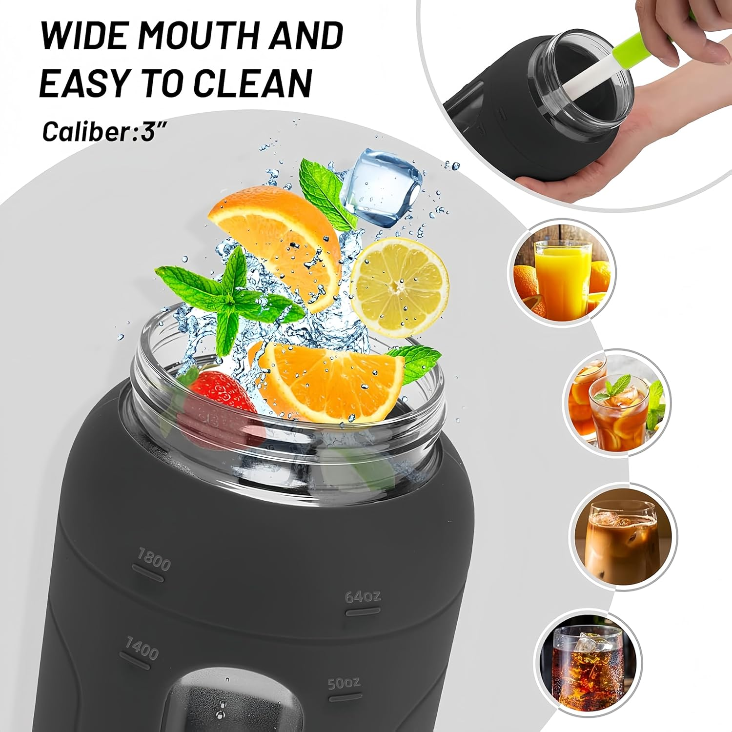 64 Oz Gass Water Bottle,Leak-Proof Sports Glass Water Cup with Straw Lid, Featuring Scale Markings and Silicone Sleeve, Bpa-Free and Reusable, Suitable for School, Gym, Travel, and Exercise image number 5