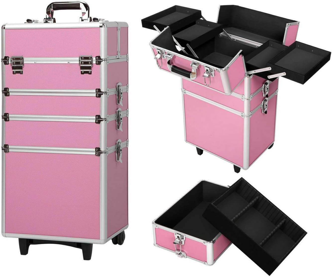 LEDON 7-In-1 Portable Makeup Trolley Case &ndash; Professional Beauty Hairdressing & Cosmetic Organizer with Wheels, Adjustable Dividers, Sliding Trays & Lockable Storage (Pink)