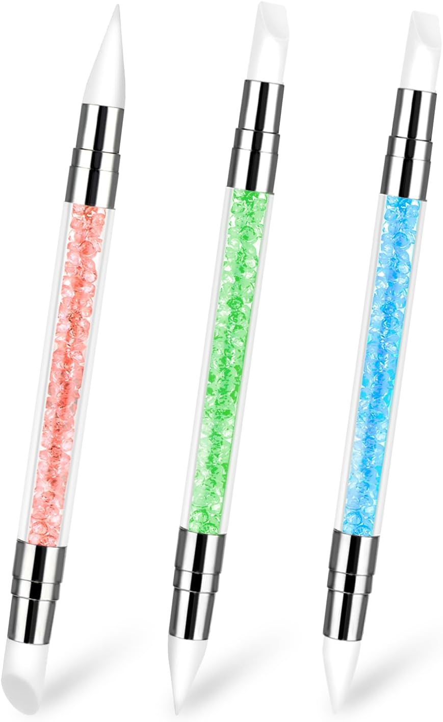 3 Pcs Nail Art Sculpture Pen, Dual Tipped Silicone Nail Tools, Silicone Head Acrylic Handle Nail Art Brushes, Rhinestone Nail Polish Carving Pen, Nail Art Tools for Home Salon(White, Pink, Orange)