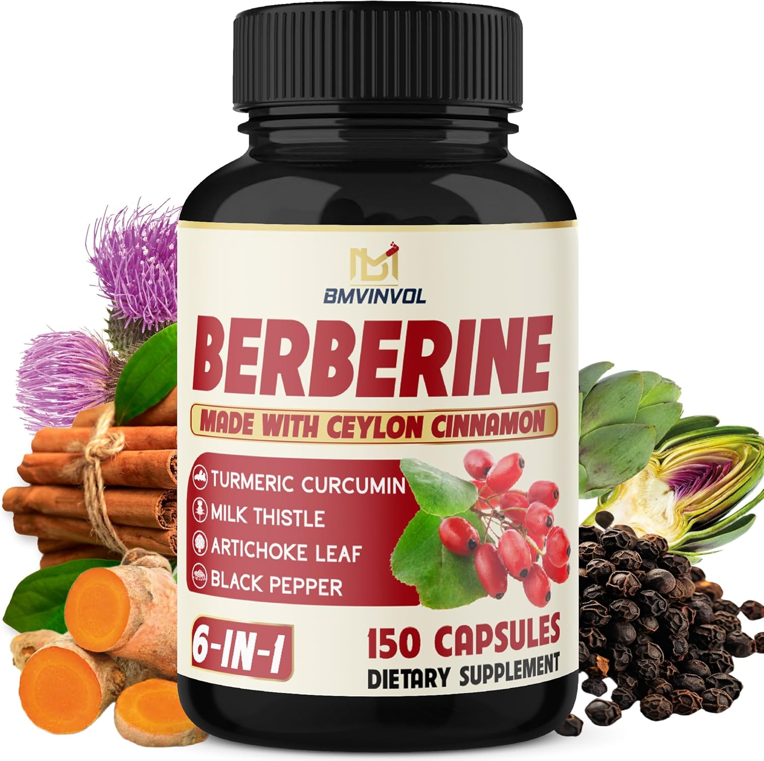 Berberine with Ceylon Cinnamon, Turmeric, Milk Thistle, Artichoke, Black Pepper - 150 Count - Pack of 1 image number 1