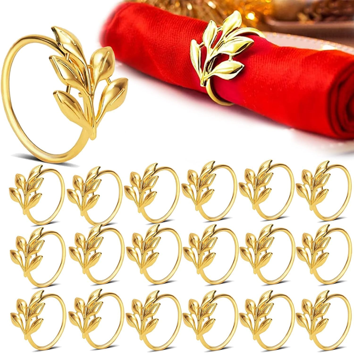 20Pcs Napkin Rings, Leaf Gold Napkin Rings Set for Table Napkins, Home Decor for Cloth Napkins, Stylish Gold Napkin Holder, Kitchen Decor and Wedding Decorations