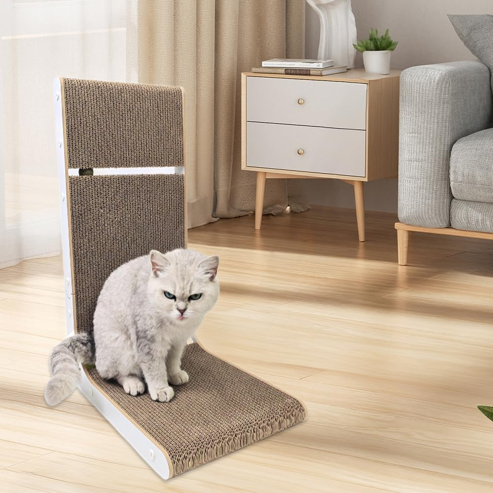 L-Shape Vertical Cat Scratching Board, 23.6" Wall-Mounted Cardboard Cat Scratcher with Catnip Ball Toys, Large Furniture Protector for Indoor Cats image number 4