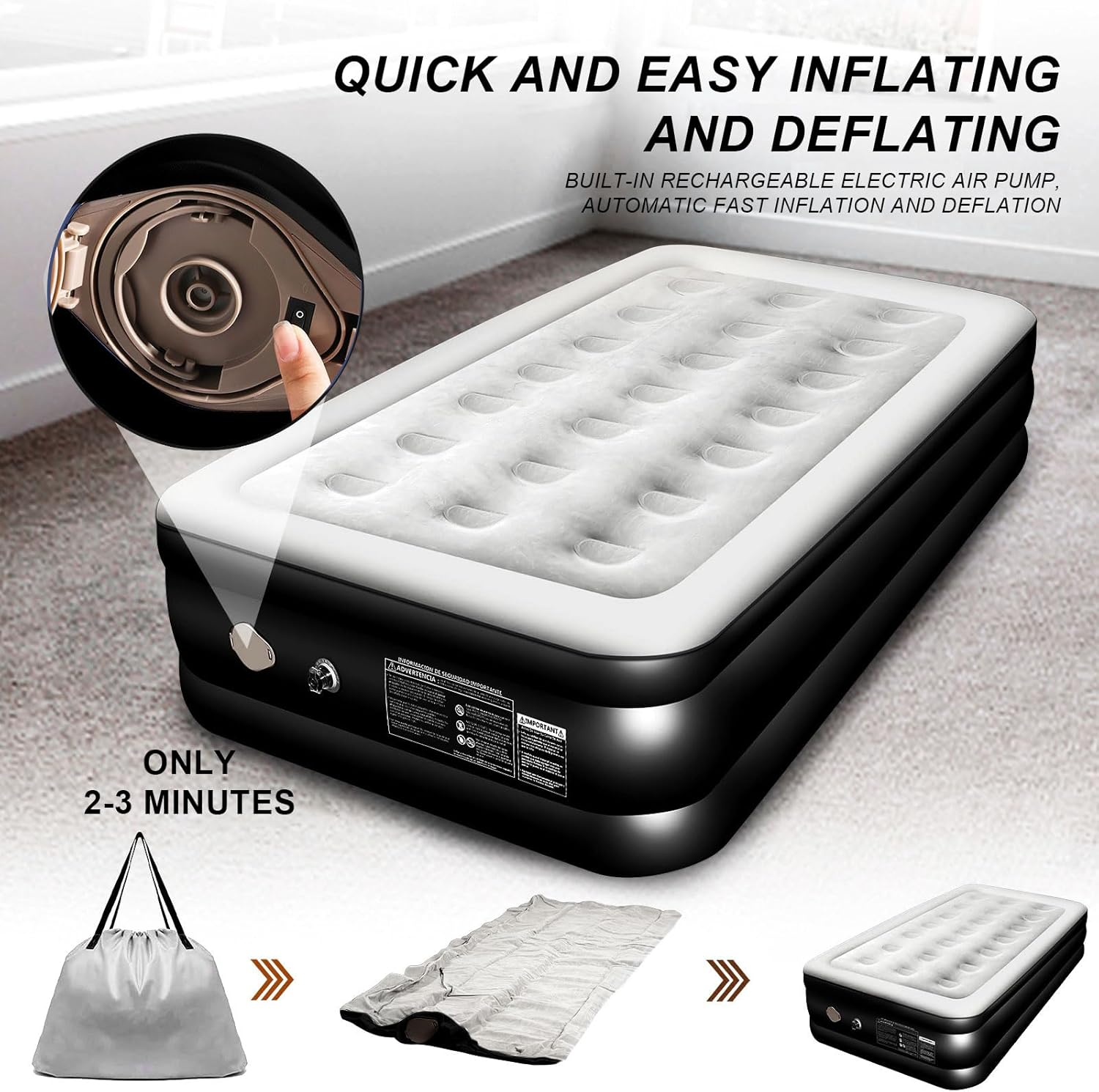 JNNQI Single Size Air Mattress, 1 Inflatable Pillow, Inflatable Airbed with Built-In Rechargeable Electric Air Pump, Airtight Design with Automatic Quick Inflation and Deflation, 191X100X46Cm image number 5