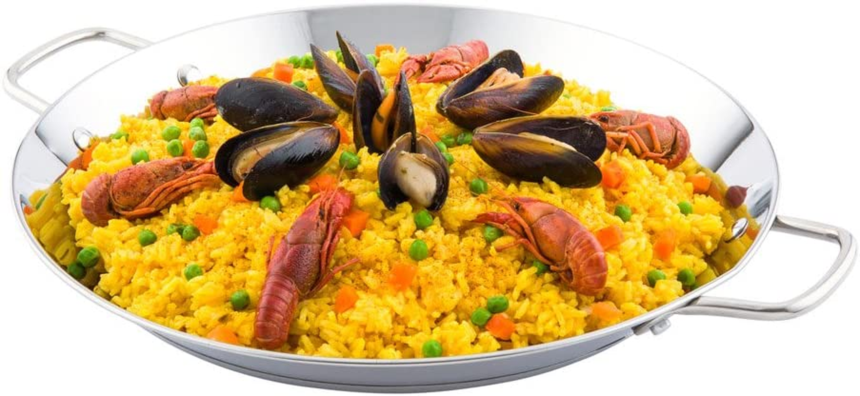 Restaurantware 10 Inch Spanish Paella Pan, 1 Induction Ready Paella Pan - Heavy-Duty, Riveted Handles, Silver Stainless Steel Spanish Pan, Dishwasher-Safe, Paella Cookware for Homes or Restaurants - image number 3
