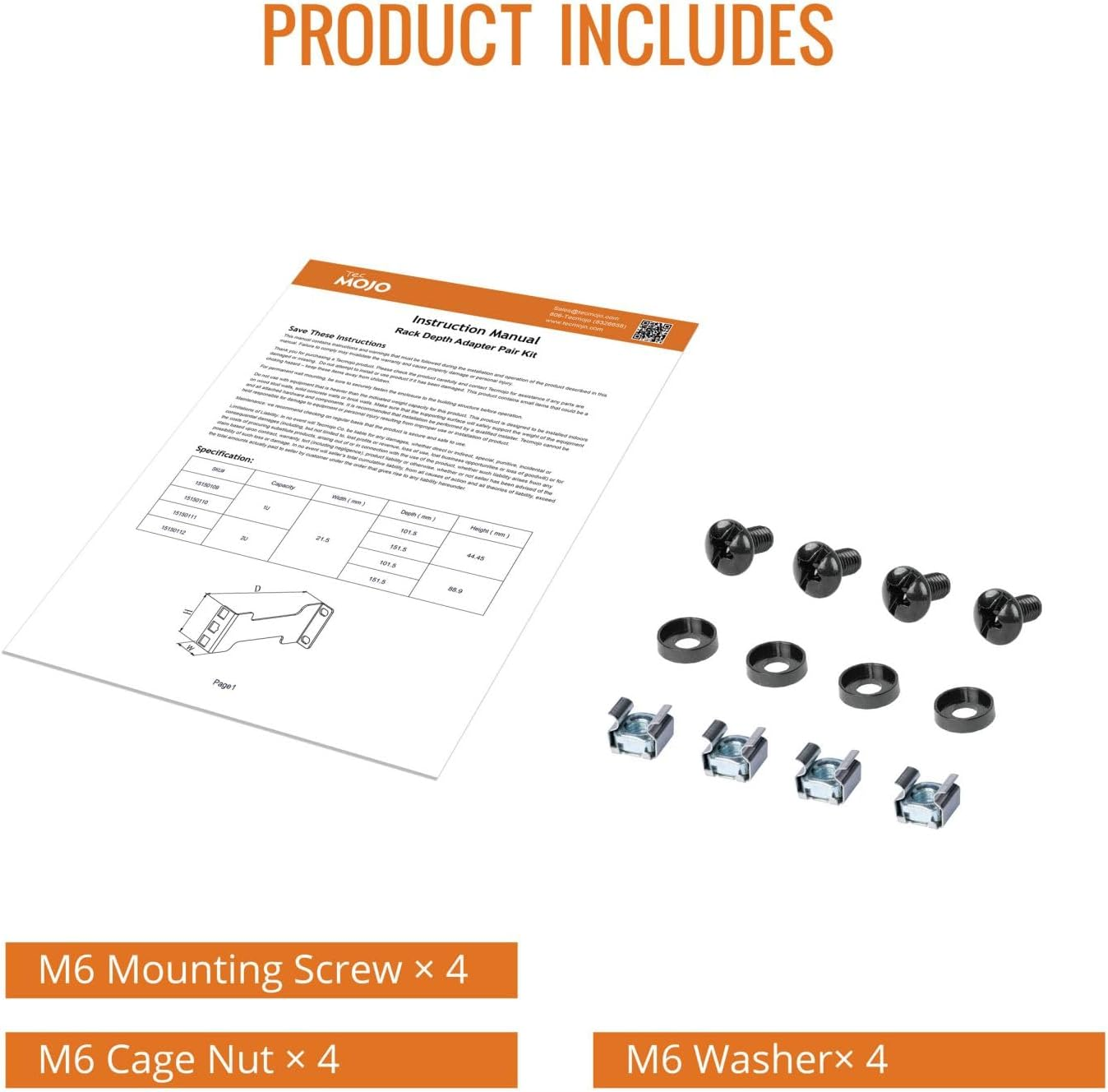 Tecmojo 1RU Server Rack Depth Extender, 152 Mm Recessed Rack Mount Adapter Kit for Network Rack, Standard 19 Inches Open Frame Rack Compatible, Black