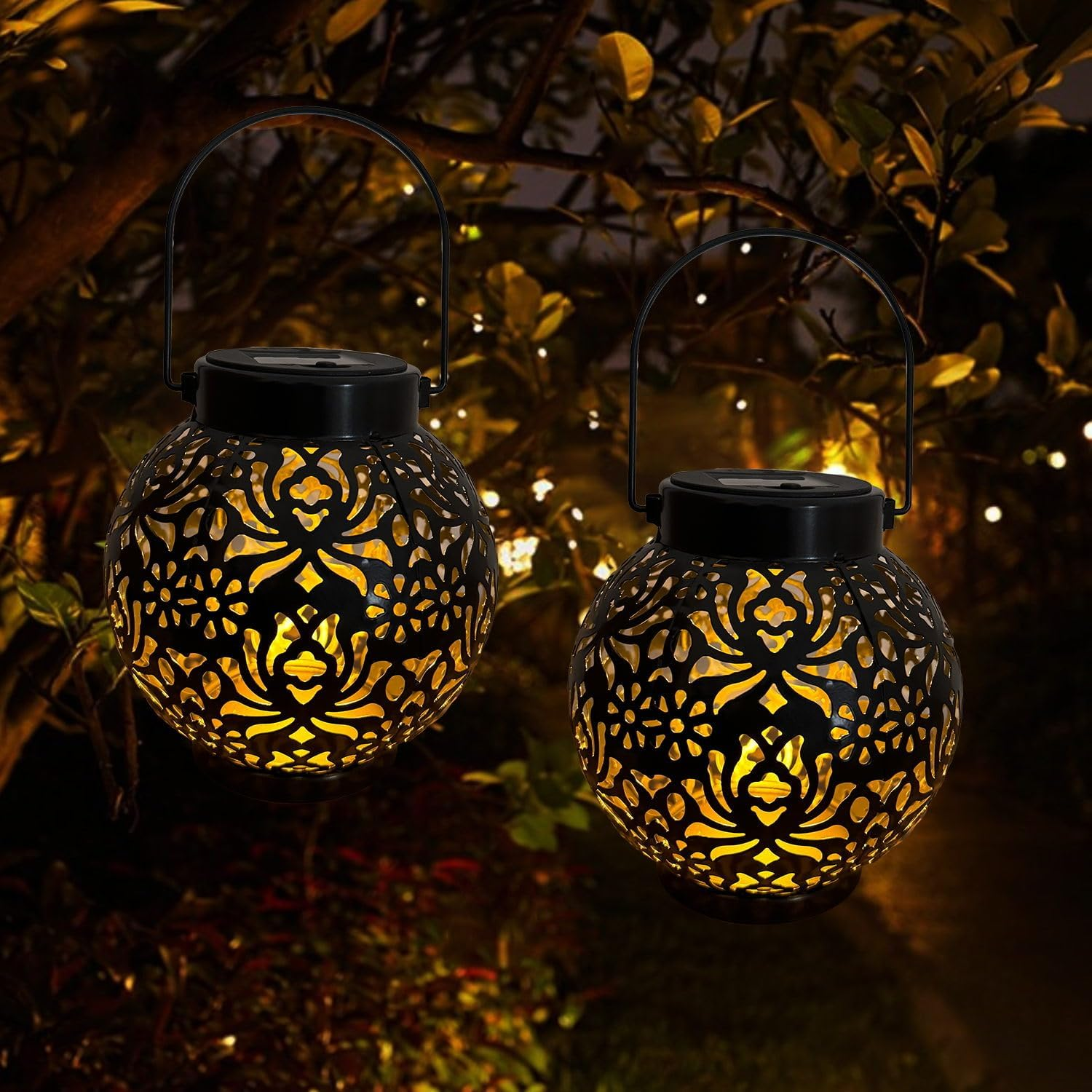 Outdoor Solar Hanging Lantern Lights, Waterproof Tabletop Solar Lights with Handle, LED Solar Moroccan Lanterns, Metal Decorative Garden Solar Lights for Lawn, Porch, Backyard(1 Pack Black) image number 5