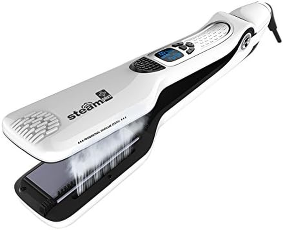 Professional Steam Straightener Brush, Electric Titanium Ceramic Flat Iron with Anti-Static Technology and Digital Controls for All Hair Types (Black)