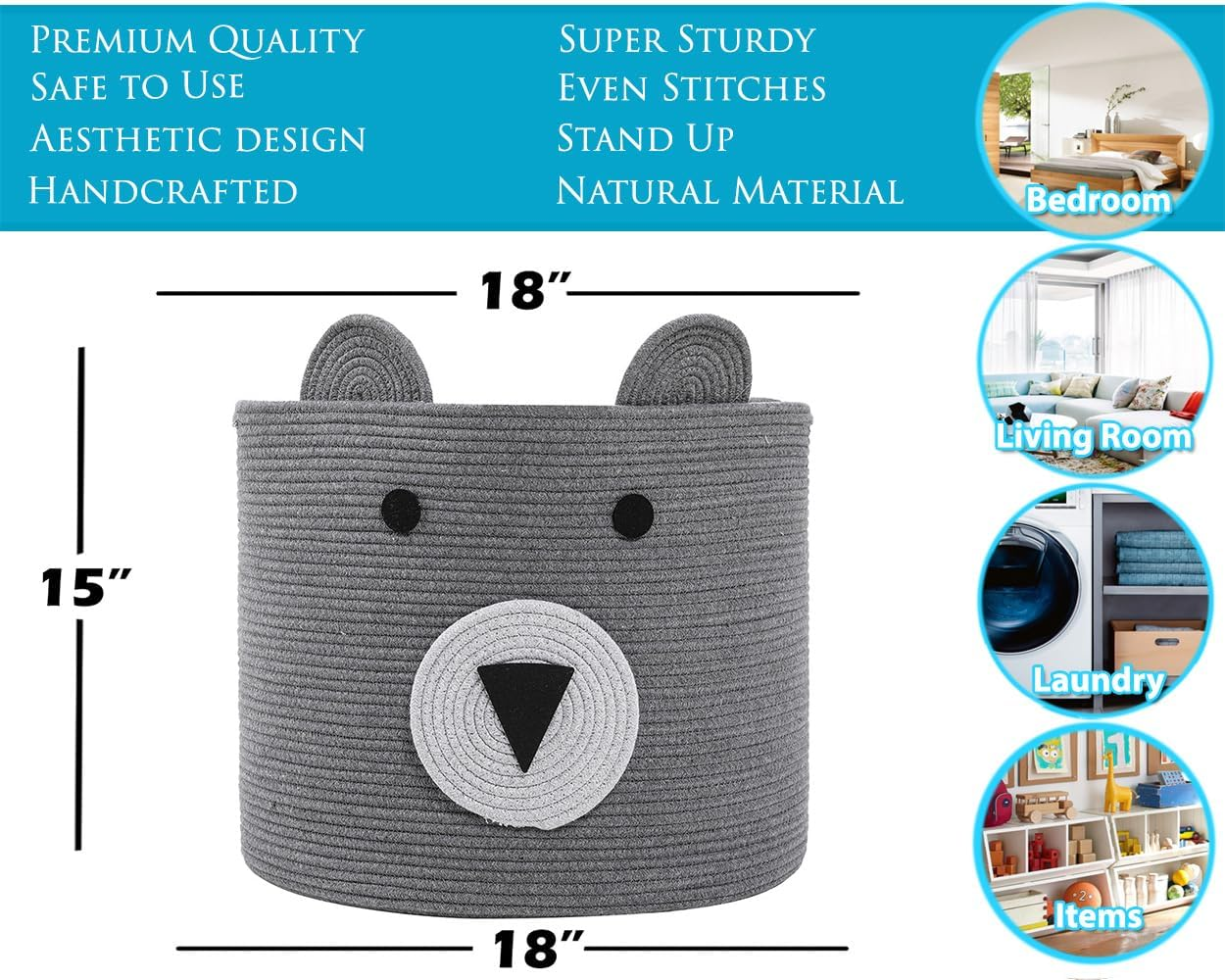 Cottonphant Large Cotton Rope Basket, Animal Basket, 18"X15", Grey, Foldable Laundry Hamper, Toy Storage Bin, for Kids Toys Clothes in Bedroom, Baby Nursery