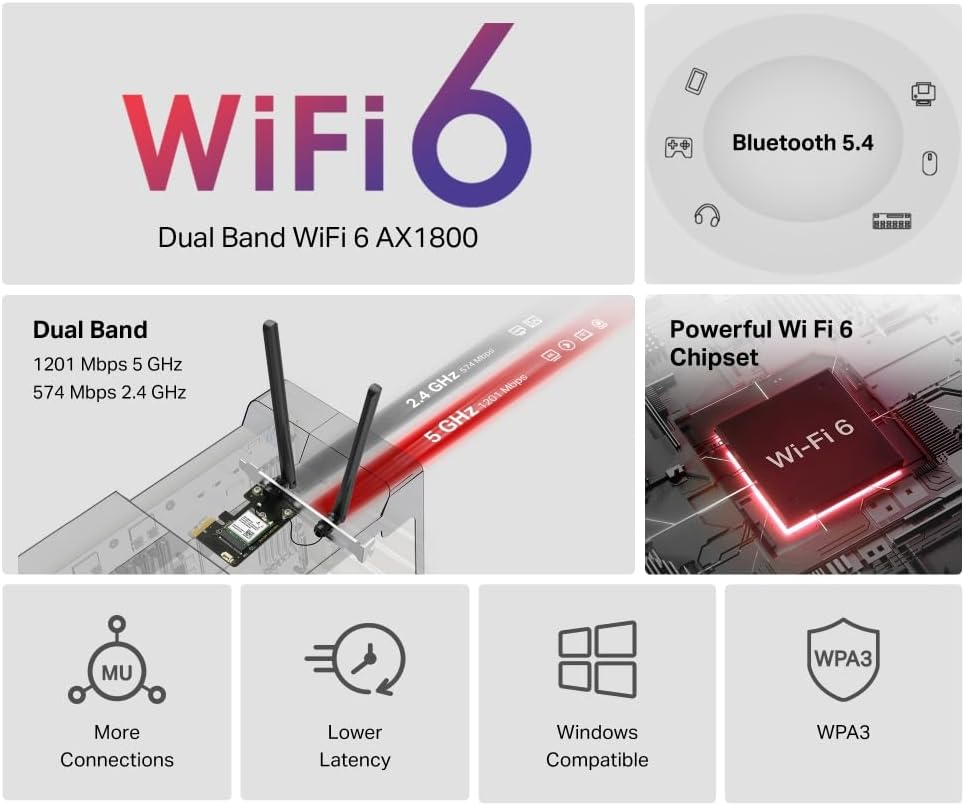 Mercusys AX1800 Wi-Fi 6 Bluetooth 5.4 Pcie Adapter, Dual Band, Faster Speed & Broader Coverage, WPA3 Security, Two High-Performance Antennas, Backward Compatibility, Windows 10, 11 Compatible (MA70XE) image number 1
