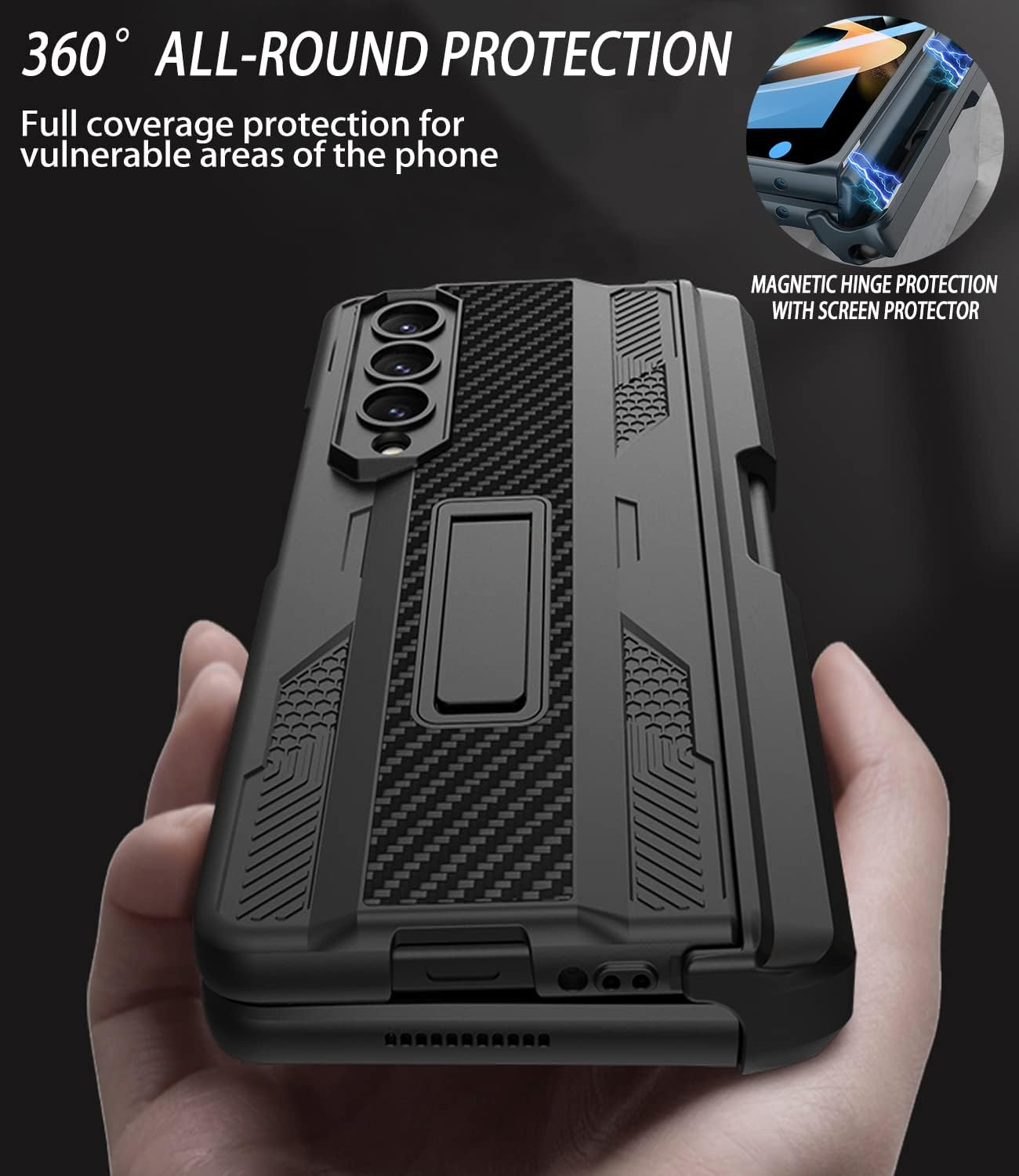 COCOING Samsung Z Fold 4 Case with S Pen Fold Edition, Hinges Protect Built-In Pen Holder, Screen Protector, Stand, Military Drop Protection (Black) image number 5