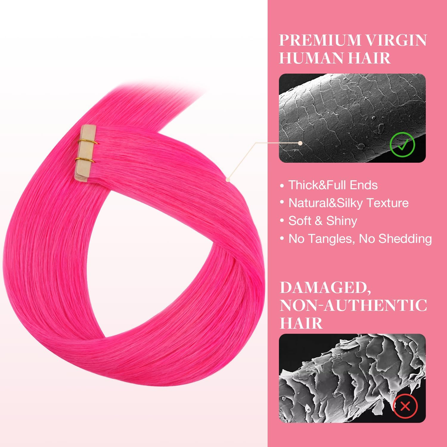 GOO GOO Tape in Hair Extensions, Colored Human Hair Extensions Tape In, 16Inch 25G 10Pcs, Hot Pink, Skin & Hair Friendly, Seamless Straight Real Remy Hair image number 6
