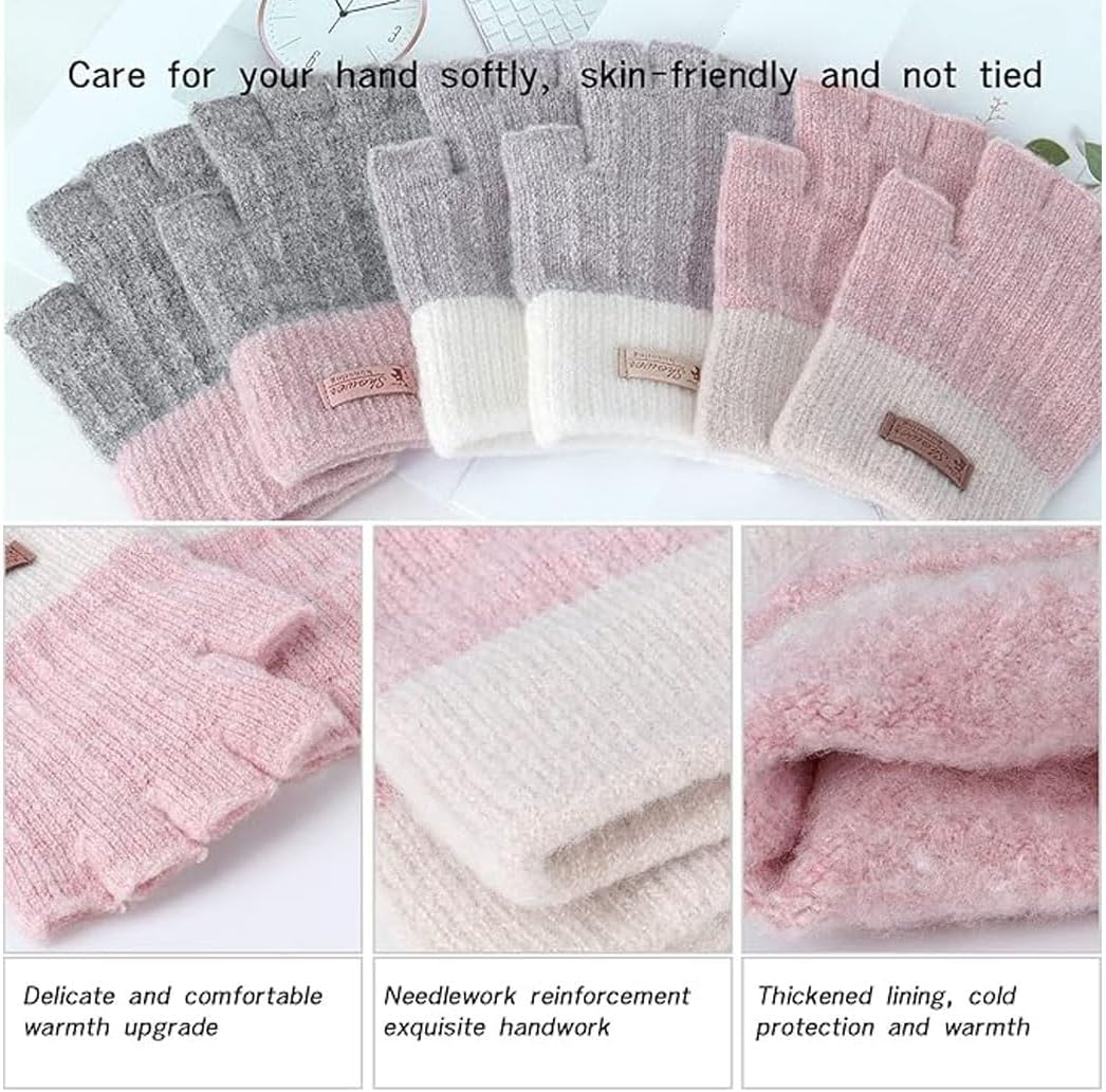 2 Pairs Fingerless Gloves for Women Warm, Winter Thermal Gloves Knitted Soft Half Fingers Mittens for Cold Weather Driving Working Typing - Black  Pink image number 7