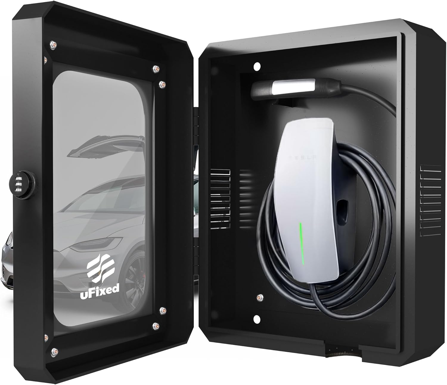 Weatherproof Outdoor EV Charger Enclosure Box with Lock for Tesla Wall Charger Connector with Cable Organize Holder | Visible Sun Protection Easy to Install, Black image number 5