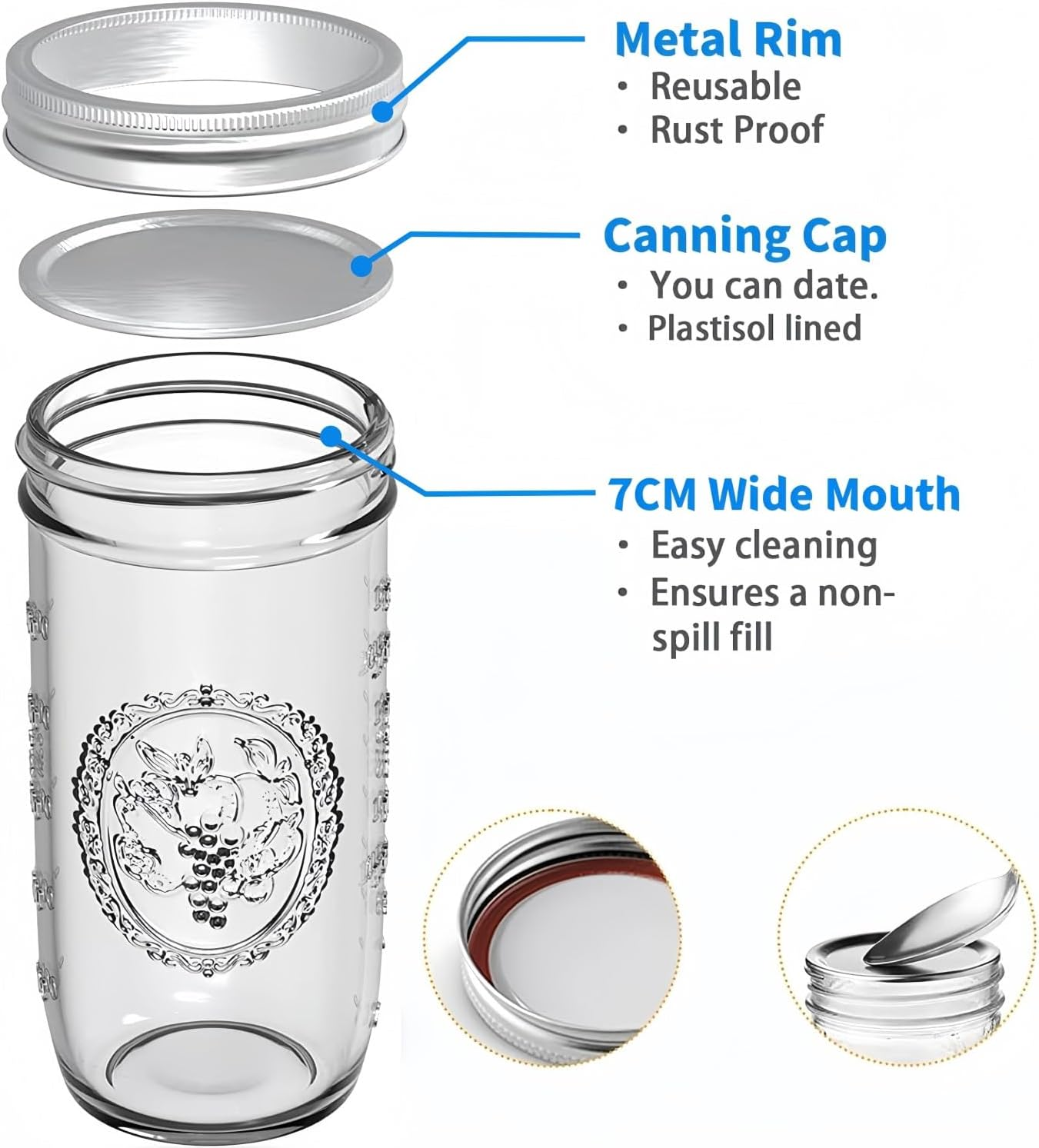 LATERN 6Pcs 24Oz Wide Mouth Mason Jars, 720Ml Printed Glass Jar Leakproof Mason Glass Jars with Airtight Lid and Band for Preserving Jam Honey Jelly Sauces Meal Prep Overnight Oats Salad Yogurt image number 2