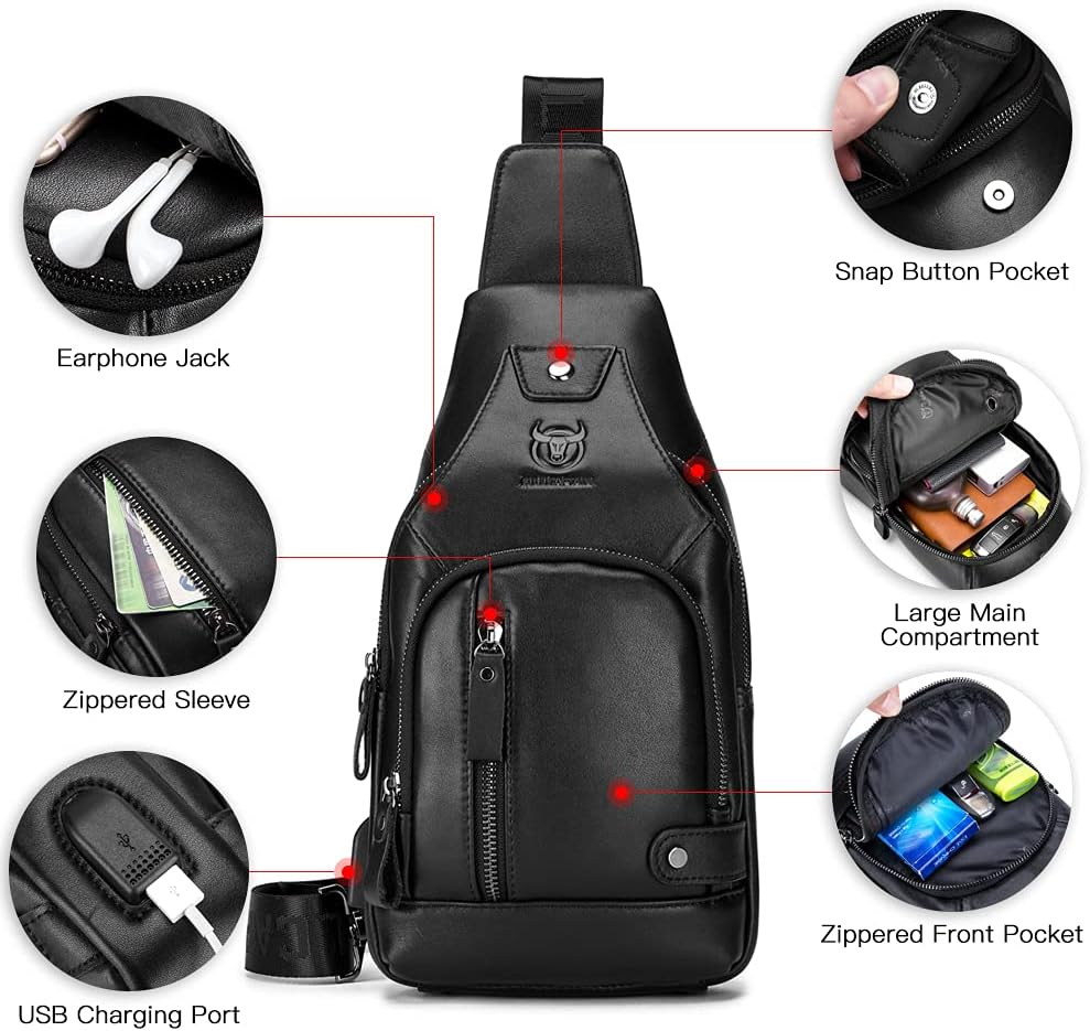 Men Leather Sling Bag Casual Shoulder Chest Crossbody Bag Hiking Travel Daypack with USB Charging Port image number 5