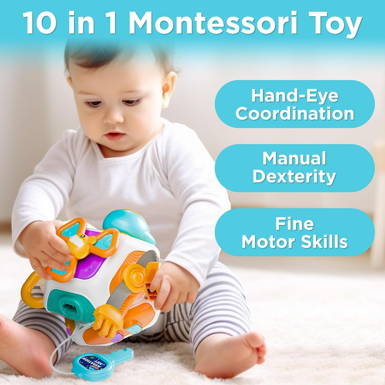 10 in 1 Baby Busy Board Cube, Montessori Sensory Toy Toddler 1-3, Infant Carseat Plane Travel, Kid Education Learning Activity, Birthday Gift 6 9 10 12 18 Month 1 2 Year Old Boy Girl image number 4