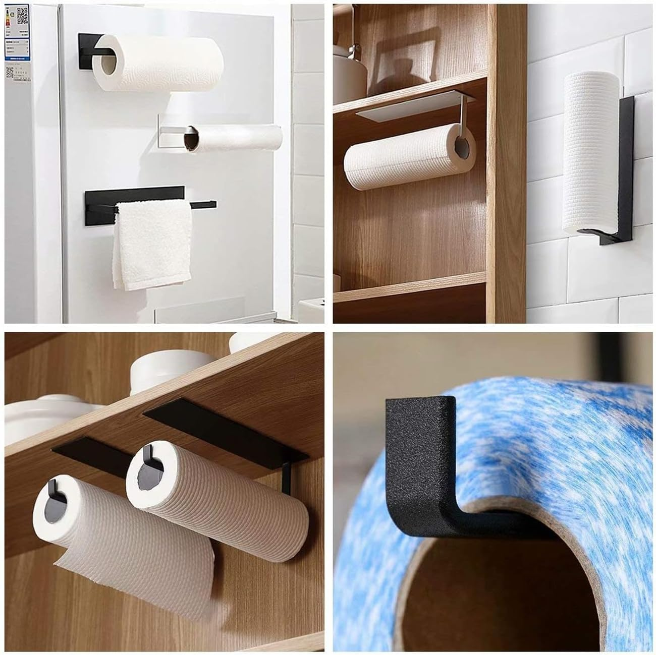 2 Pack Paper Towel Holder Self-Adhesive Wall Mounted Paper Towel Rack for Kitchen Heavy Duty Carbon Steel Paper Towels Rolls Holder under Counter for Bathroom Cabinets Towel Bar Rack (Black+White) image number 6