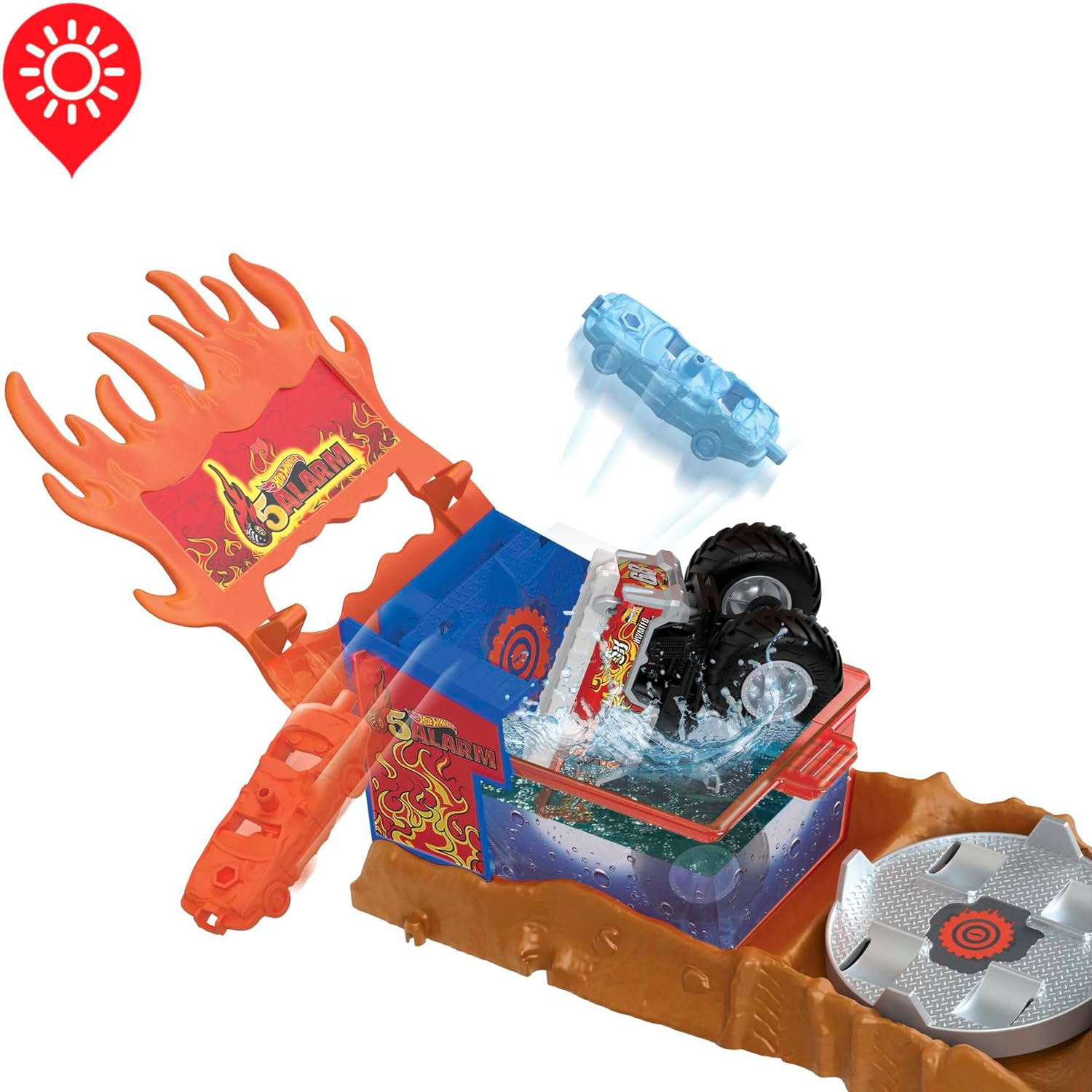 Hot Wheels Monster Trucks Arena Smashers Color Shifters 5-Alarm Rescue with 1 Color Shifter Monster Truck, 2 Crushable Cars and 1 Detachable Semi Rig image number 1