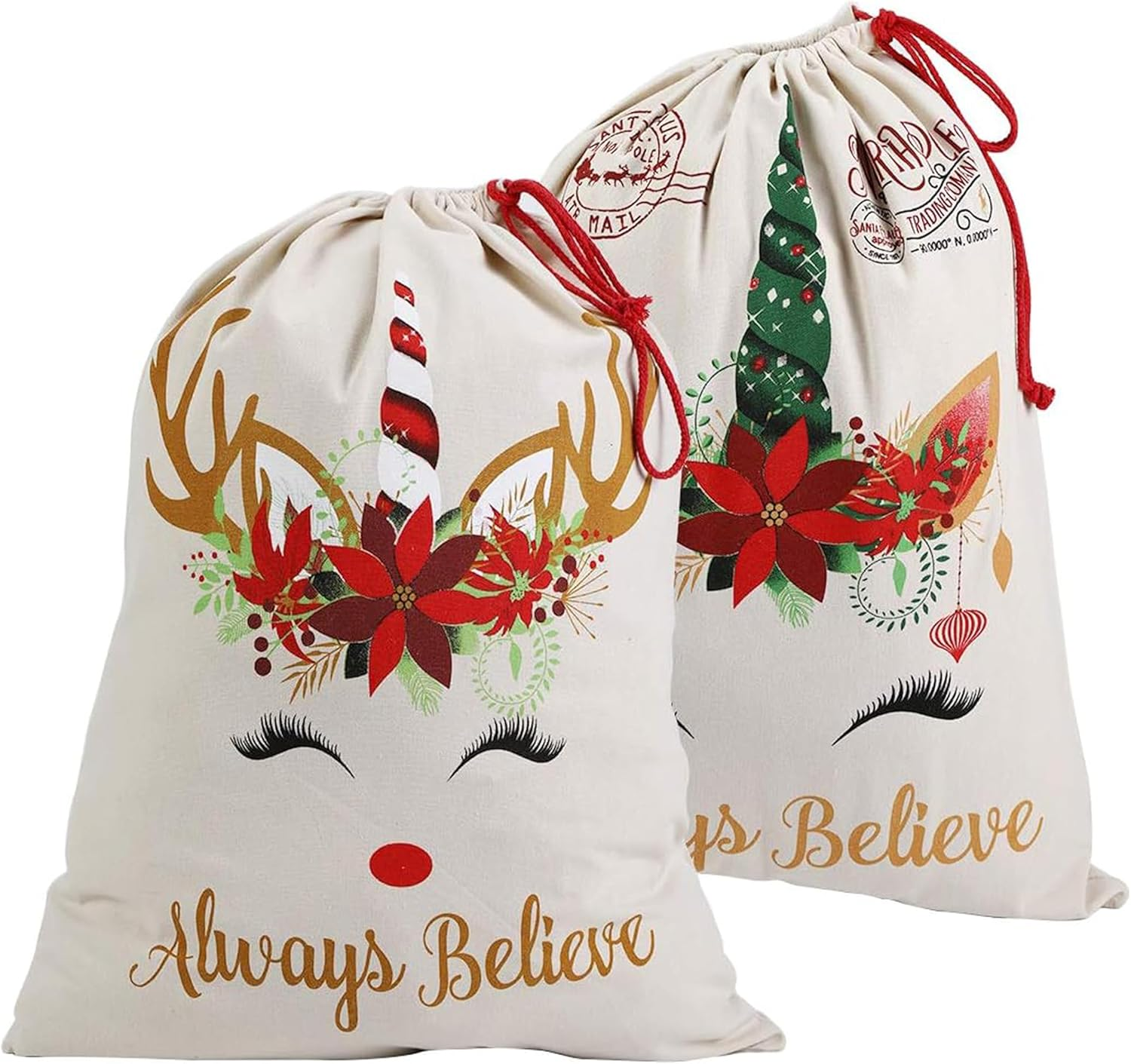 Xinblueco Santa Sack 2 Pack Christmas Unicorn Canvas Santa Bag with Drawstring Xmas Personalized Gift Bag Extra Large Christmas Sacks Size 27.5"X19.5"(Unicorn)