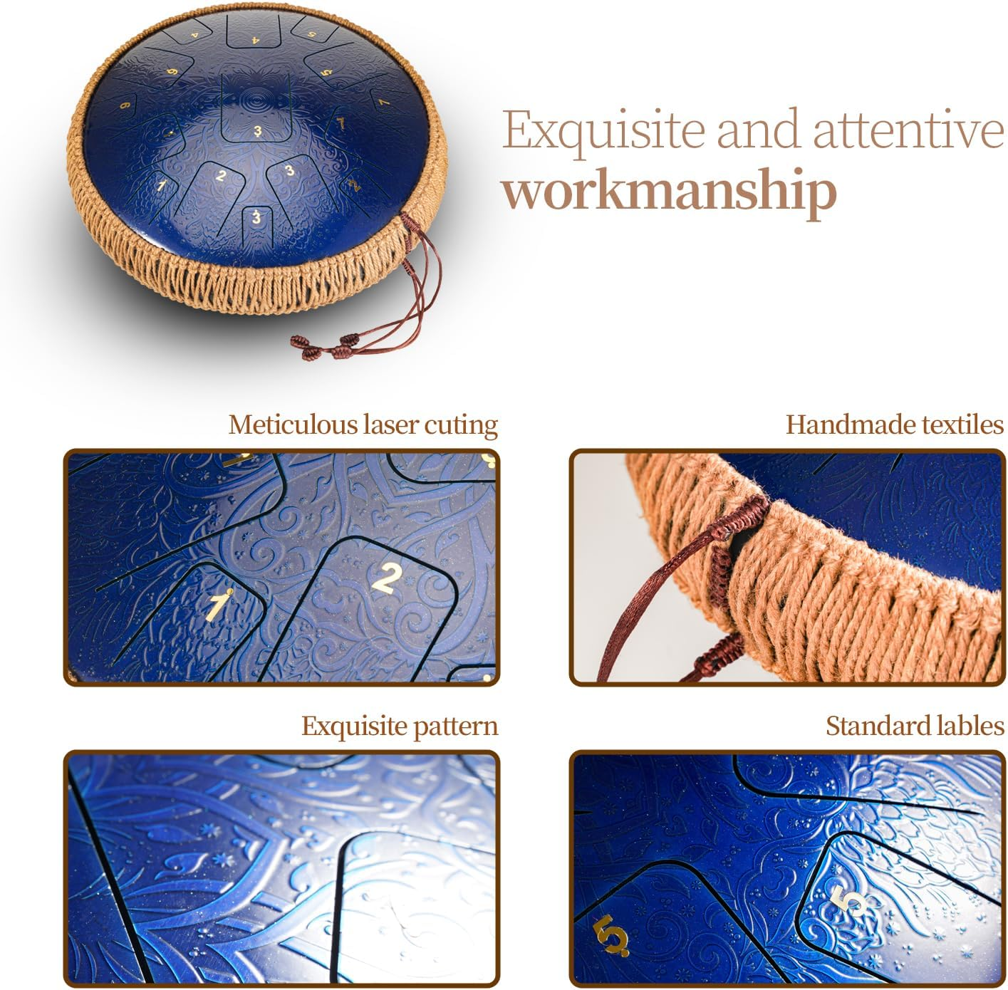 2025 New Steel Tongue Drum - 14 Inch 15 Notes with Laser Carving & Etching Craft Tongue Drum Rain Drum for outside - Hand Pan with Music Book Drum Mallets and Carry Bag for Family and Friends (BLUE) image number 2