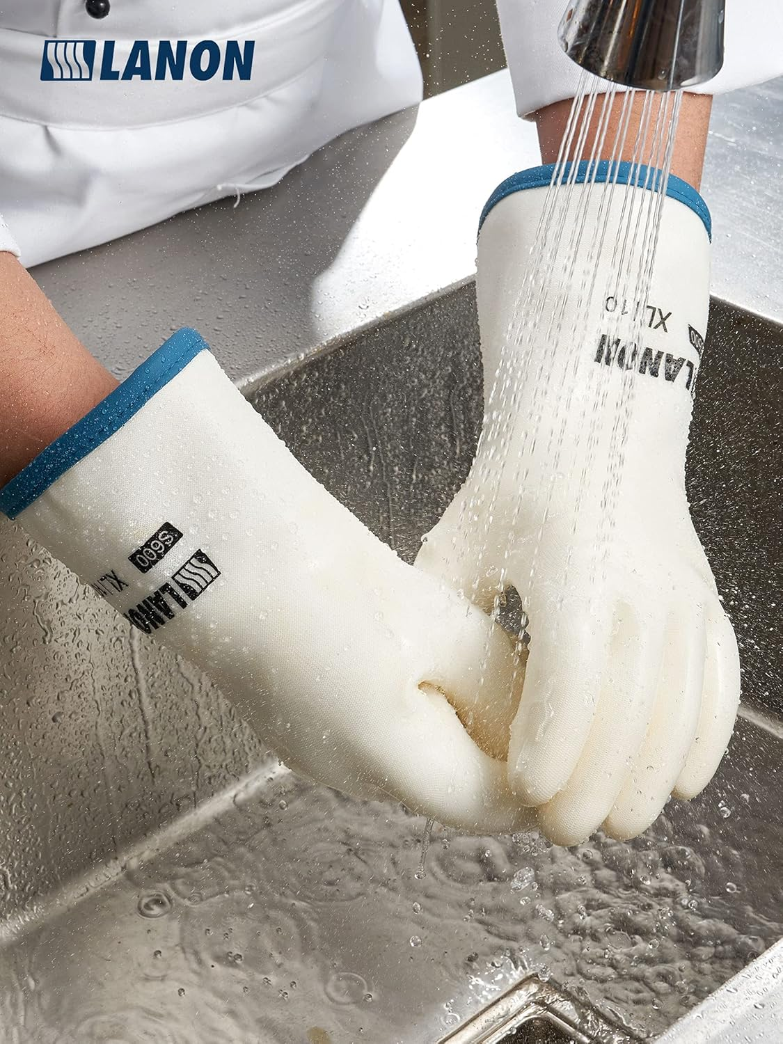 LANON Liquid Silicone Gloves, Heat Resistant Oven Gloves with Fingers, Food Grade, Waterproof, White, Medium image number 3