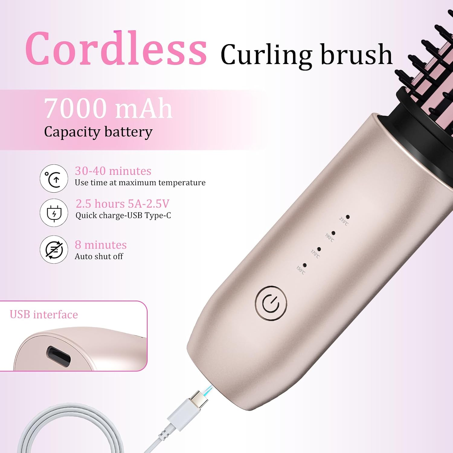 Cordless Hair Curling Iron Brush, Travel Curl Brush, 3-In-1 Portable Curling Iron Cordless, Plasma Thermal Hair Brush, 7000Mah USB Rechargeable Curlings Wand, Mini Hot Curlings Brush-Blush Pink - Blush Pink image number 2
