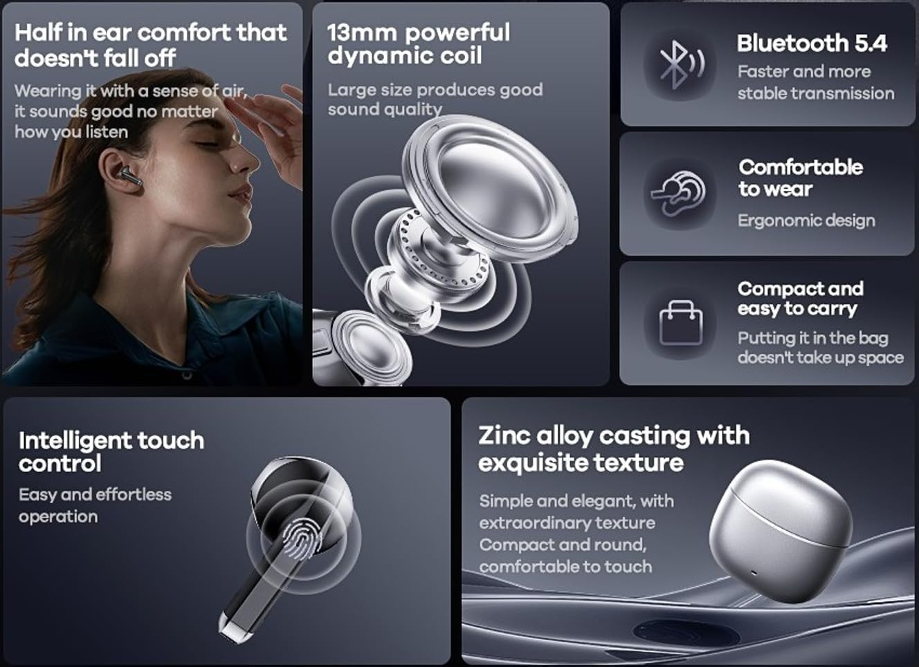 M6 Alloybuds, Zinc Alloy Case, TWS Music Call Earbuds, Bluetooth 5.4, Intelligent Touch Control, USB-C Charging, Half in Ear Comfort, Compact & Tough, Long Playtime, Minimalist (Tarnish)