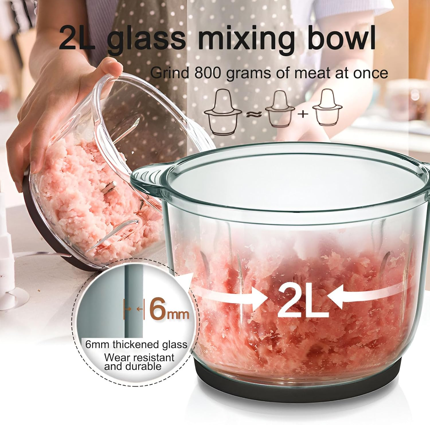 Food Processors, Electric Chopper with Meat Grinder & Veggie Choppe, 2L Glass Bowl & 4 Sharp Blades 2 Speed for Meat Grinder Vegetable Kitchen Cutter image number 3