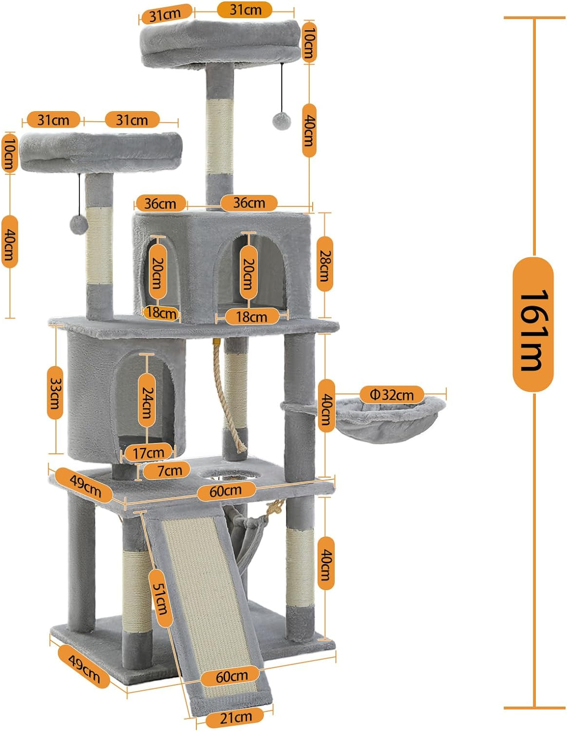 PAWZ Road 161Cm Large Cat Tree, Multi-Level Cat Tower with 2 Luxury Condos, 2 Cozy Perches and Hammock Grey image number 5