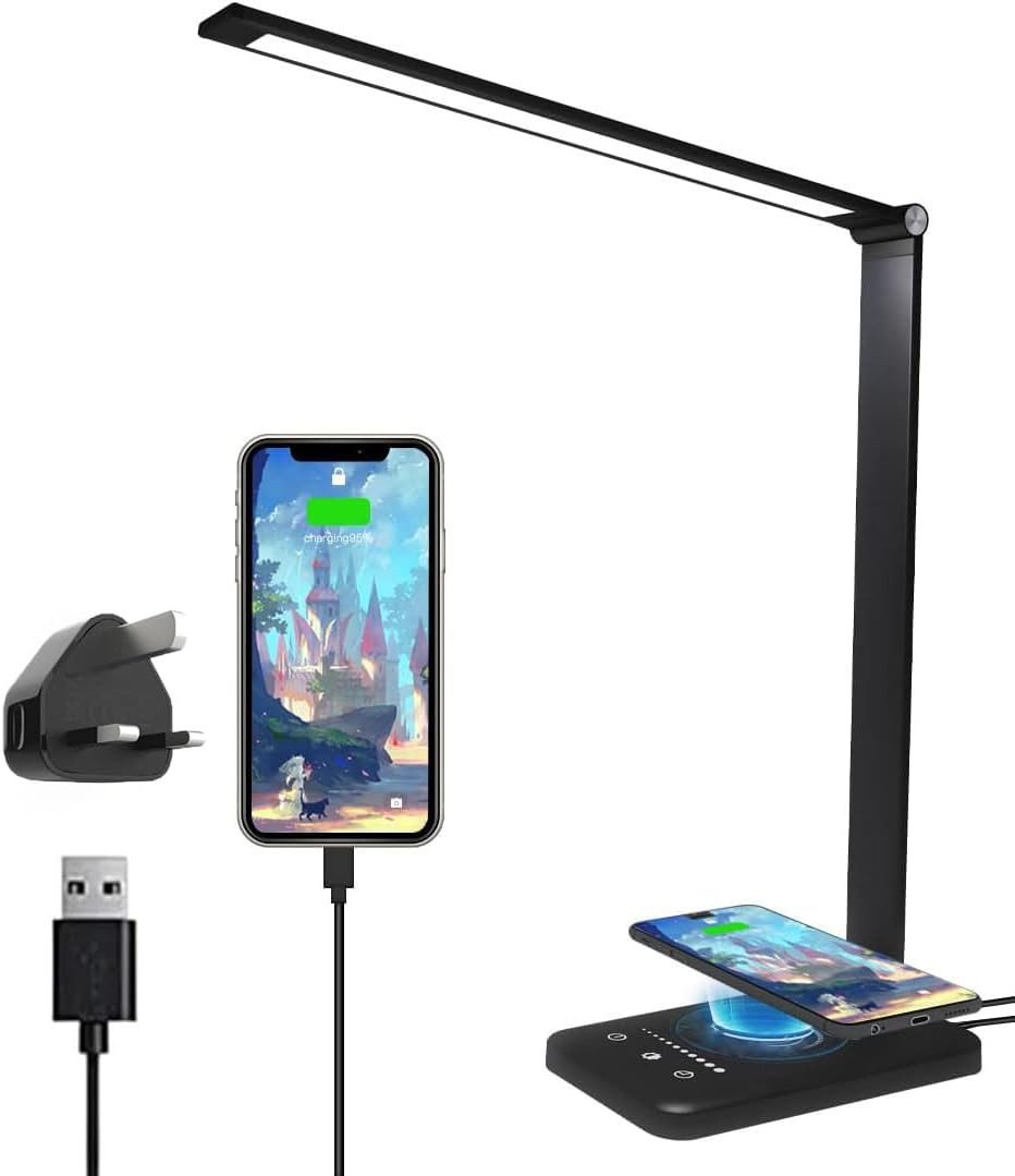 Lylilidy LED Desk Lamp with Wireless Charger & Plug, Table Lamp with 10 Brightness, 5 Lighting Colors, Dimmable Eye-Caring Desk Lamps for Home Office, Touch Control, 30/60Min Auto Timer