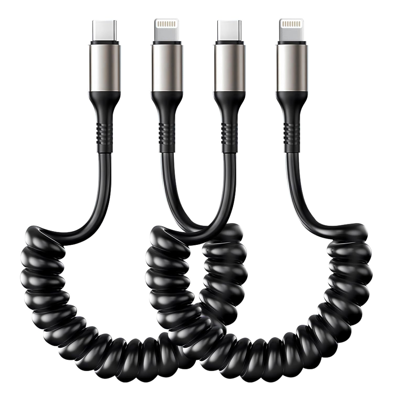 AMITOME Coiled USB C to IP Carplay Cable(2 Pack),1M Fast Charging Retractable USB C to IP Port Mfi Certified Charging Cord Compatible with Iphone 14/13/12/11/XS/XR/X/8 - Black image number 3