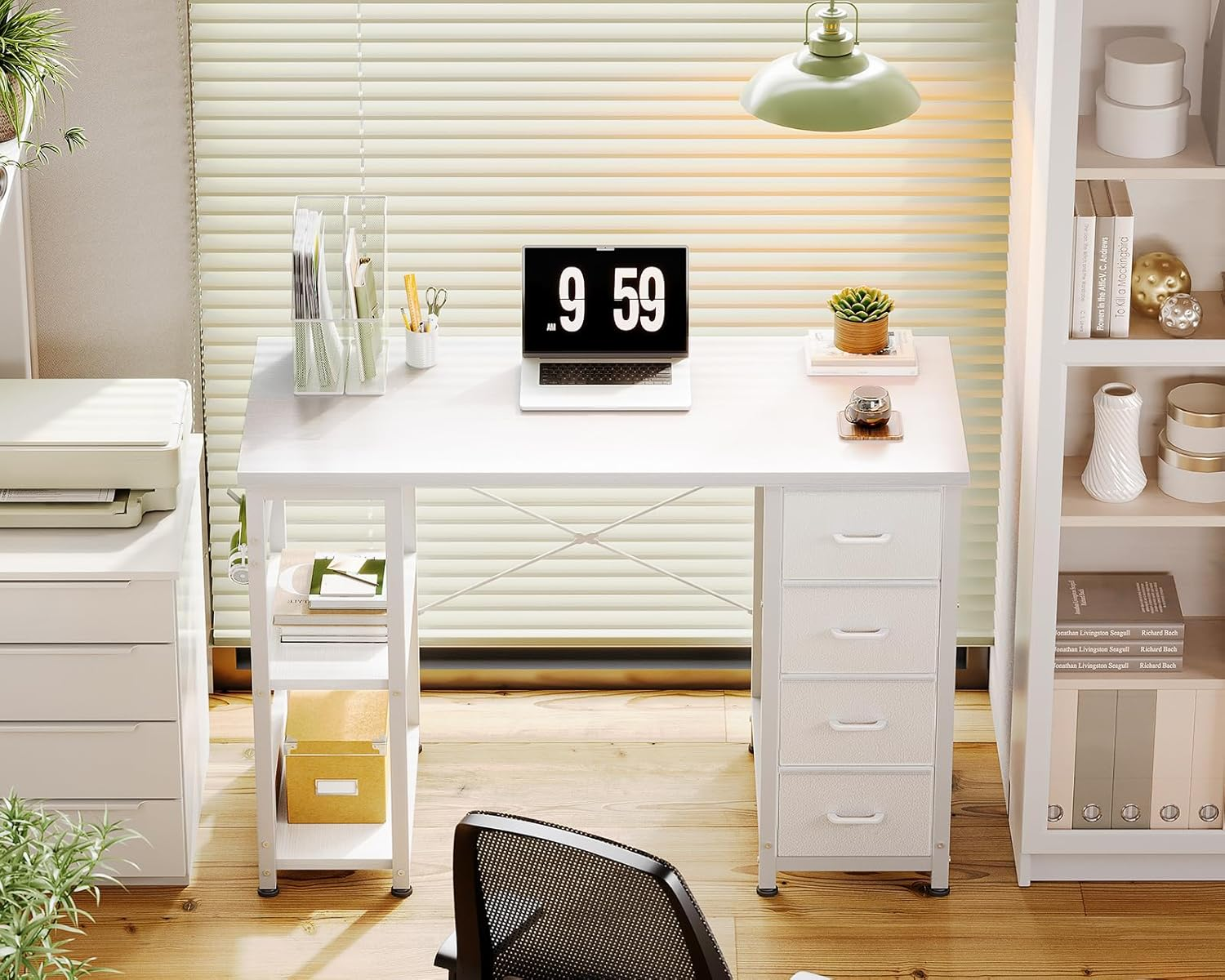 ODK 40Inch Computer Desk with 4 Fabric Drawers and 2 Storage Shelves,Reversible Office Desk with Headphone Hook & Metal Legs,Modern Study Table, Suitable for Home Office, 100 * 40 * 75.7, White