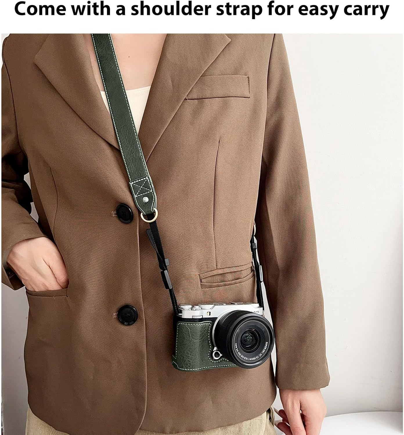 Bewinner Half Leather Case Kit for X M5, Retro Leather Camera Case with Shoulder Strap, Portable Detachable Carrying Case, Portable and Protecting, anti Scratch and Impact (Green) image number 5