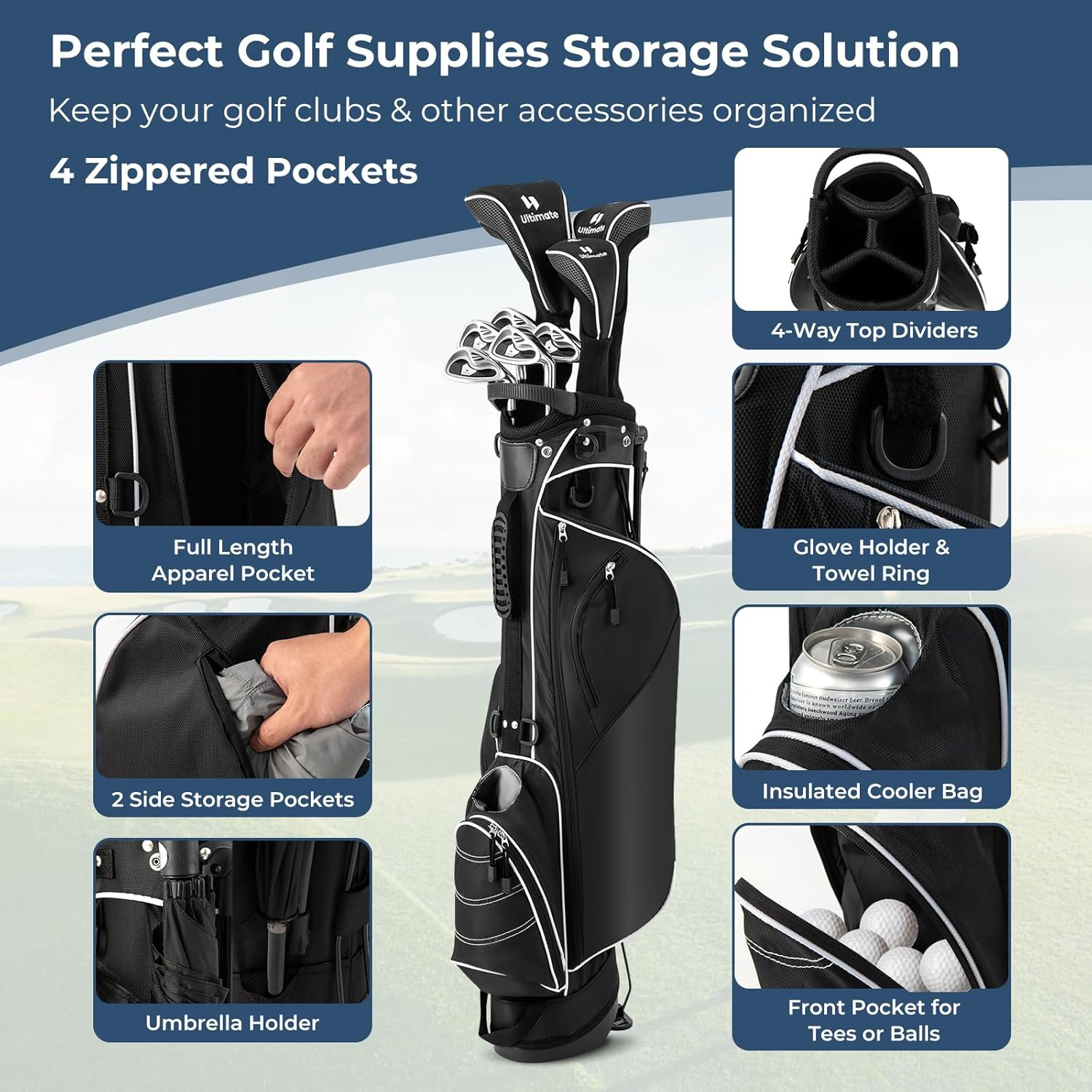 Costway Golf Stand Bag, Ultra Lightweight Golf Bag with 4-Way Top Dividers, Adjustable Dual-Strap, Foldable Bracket, Handles, Outer Pockets for Extra Storage, Easy Carry Golf Clubs Carrier, Ideal for Golf Course & Travel - Navy image number 5