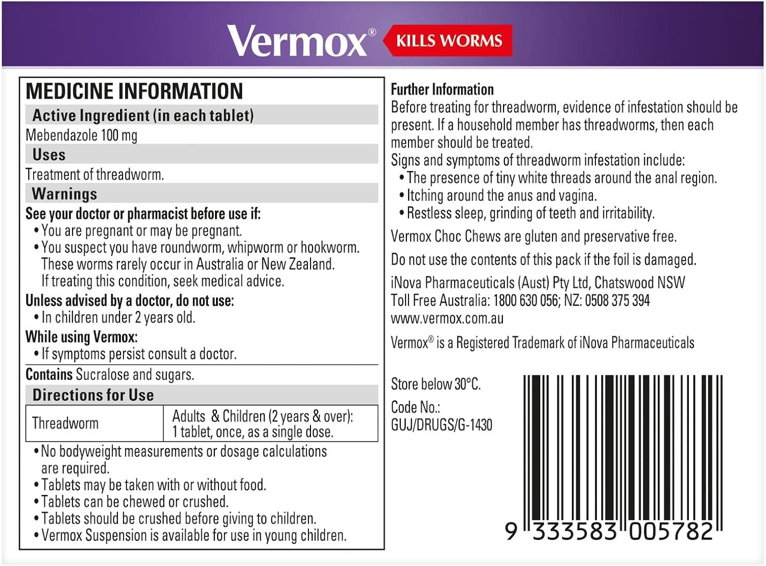 Vermox Choc Chews One Tablet 4 Treatments