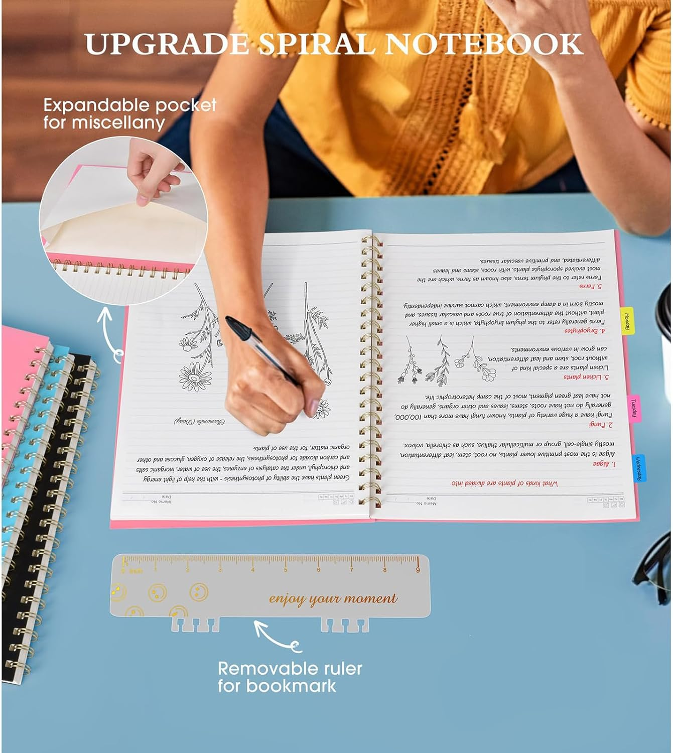 Gemuity A4 Spiral Notebook 8.5 X 11 Inch &ndash; 110 Pages 100 GSM High-Quality Paper, with Transparent Ruler, Durable Plastic Cover & Expandable Inner Pocket for Study/Office Use