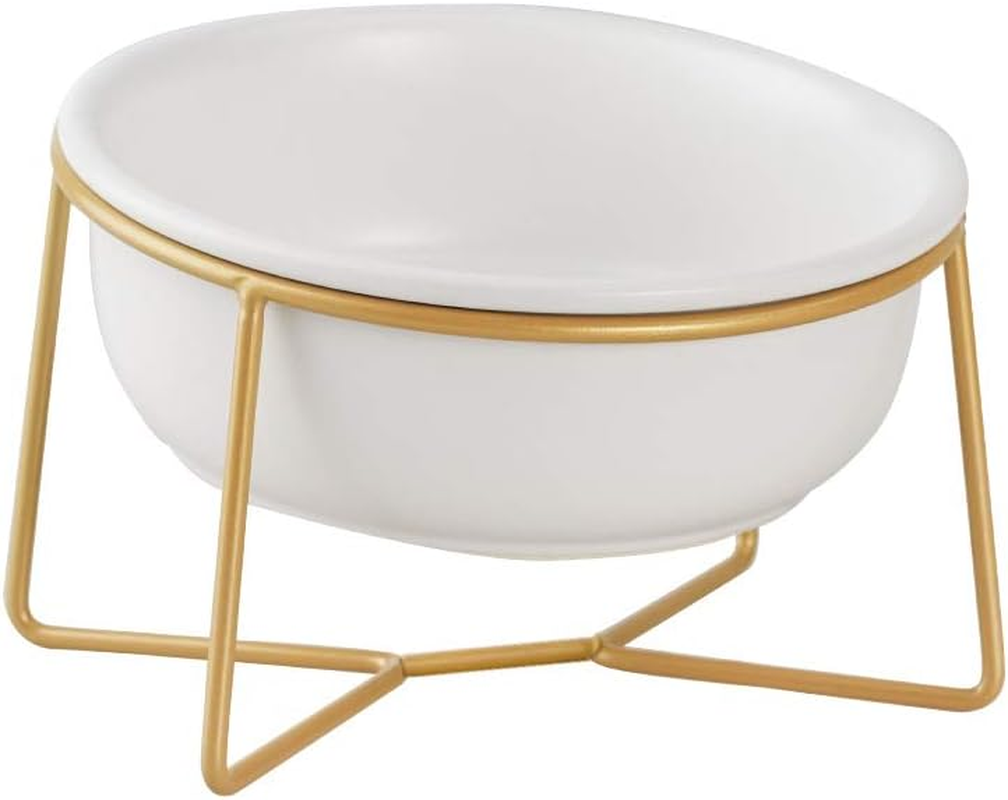 White Small Ceramic Tilted Elevated Cat Dog Bowl Raised Cat Food Water Bowl Dish Pet Comfort Feeding Bowls with Gold Iron Stand