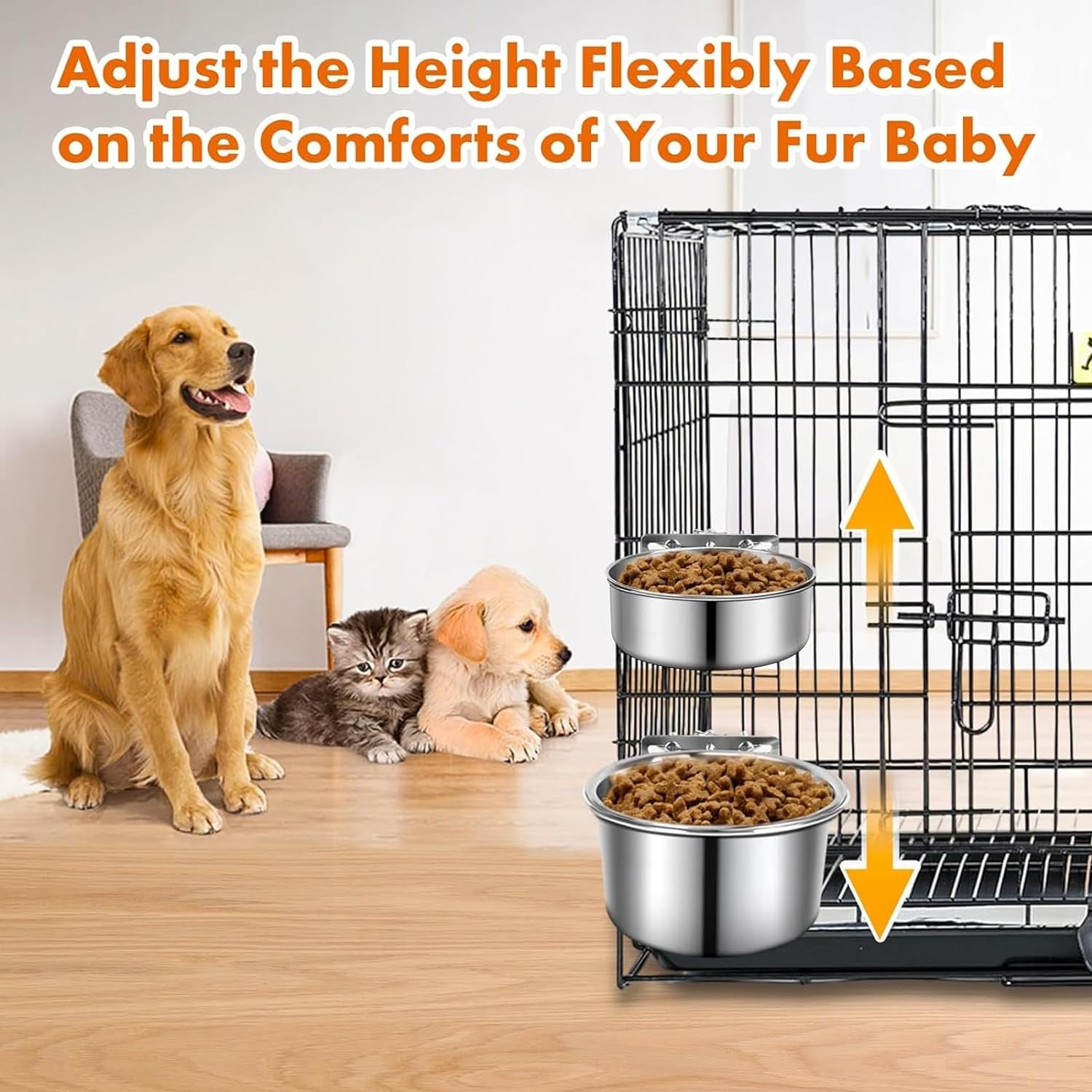 Dog Crate Water Bowl No Spill, PRENDIEEN 2 Pack Stainless Steel Large Dog Water Bowls for Cage, Crate, Kennel - Hanging Detachable Pet Water/Food Bowl for Indoor & Outdoor (18X9.4 & 16X6.6Cm)