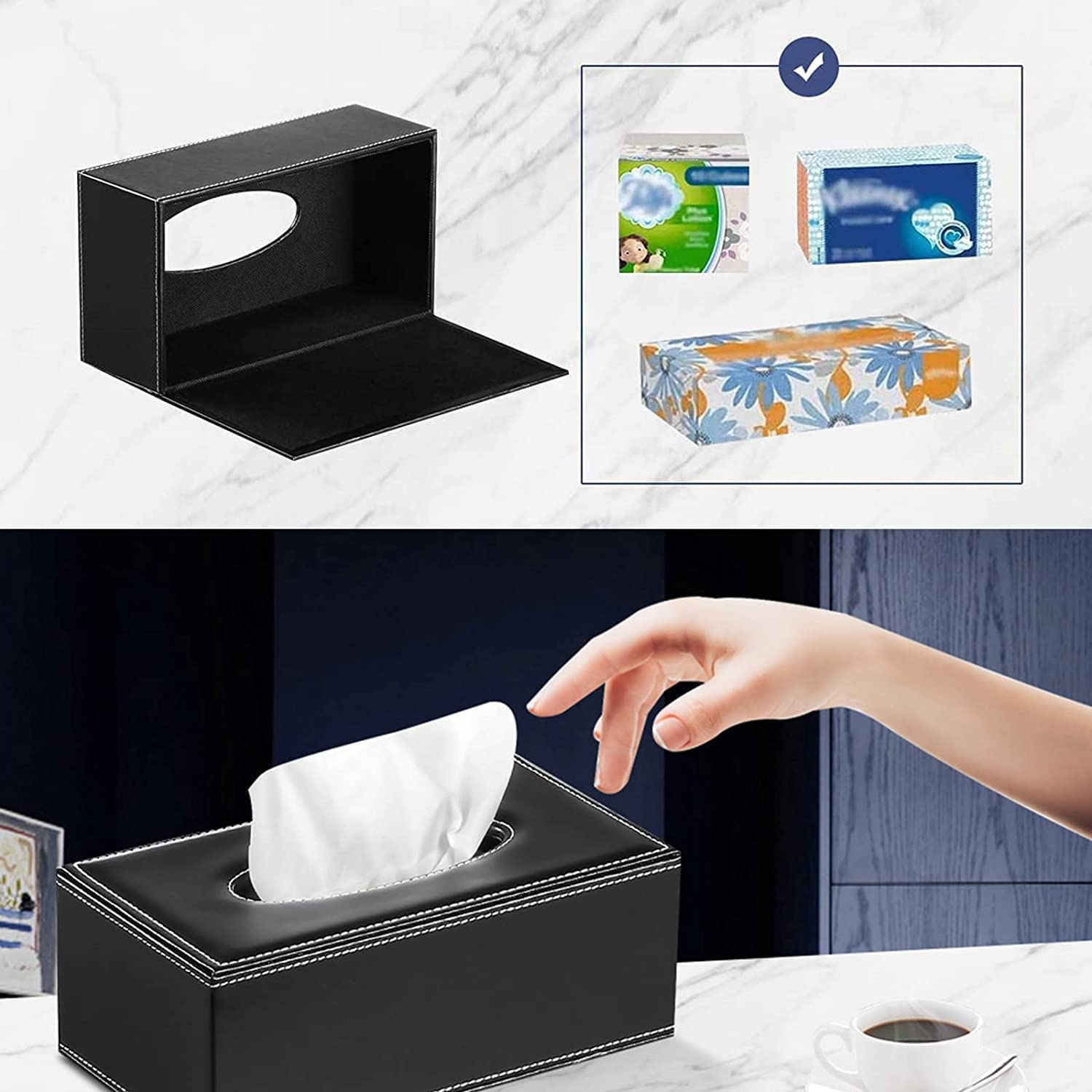 Uandhome Leather Tissue Box, Black Rectangle Tissue Paper Holder Box Cover Napkin Organizer Holder Home Kitchen Storage Room Office Car Decoration image number 3